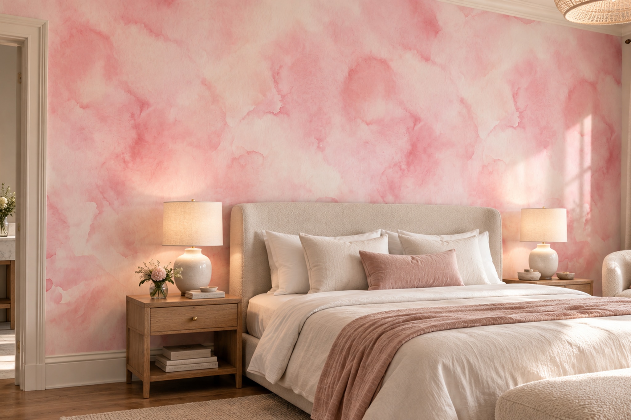 Pink Washed Artful Layered Wallpaper Mural Bedroom-wallpaper-murals, Peel-and-stick Finish