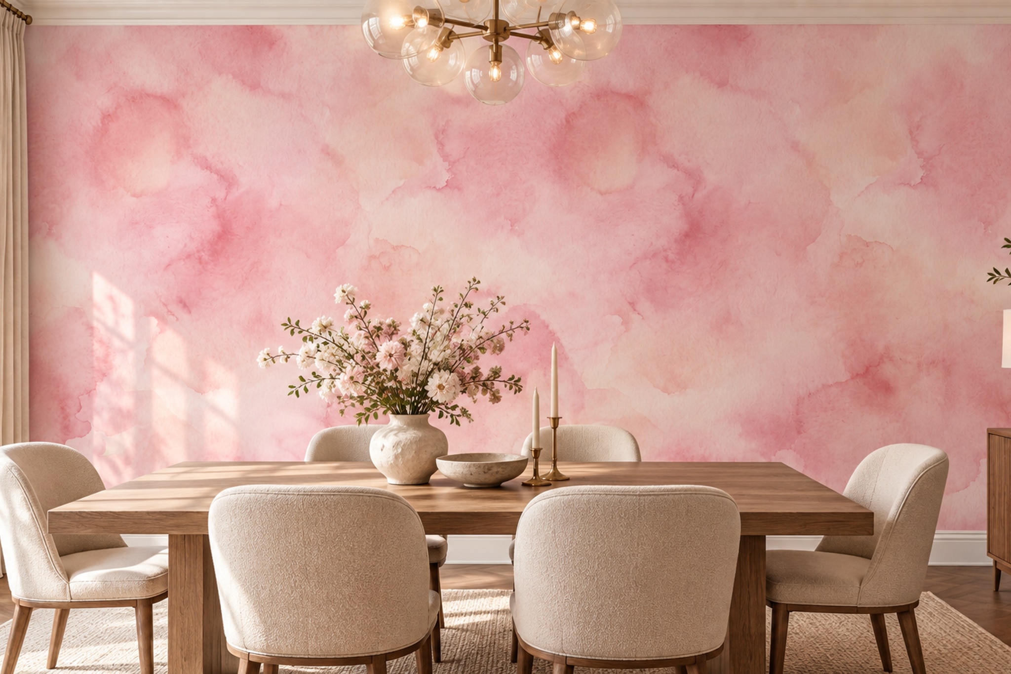 Pink Washed Artful Layered Wallpaper Mural Dining-room-wallpaper-murals, Shown In A Dining Room, Peel-and-stick Finish