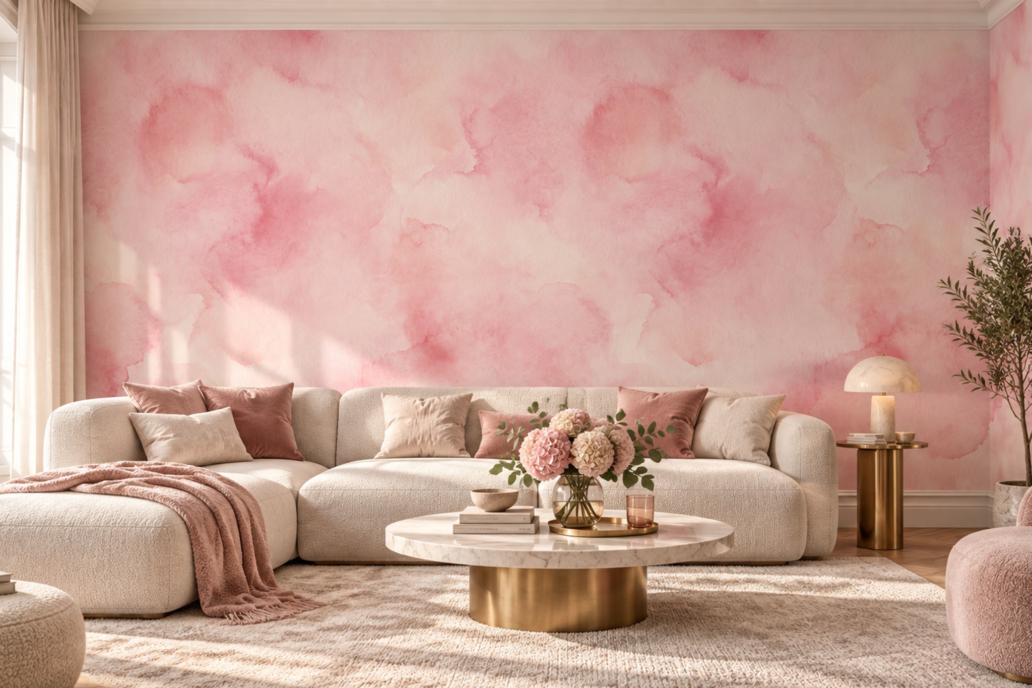 Pink Washed Artful Layered Wallpaper Mural Bedroom-wallpaper-murals, Peel-and-stick Finish