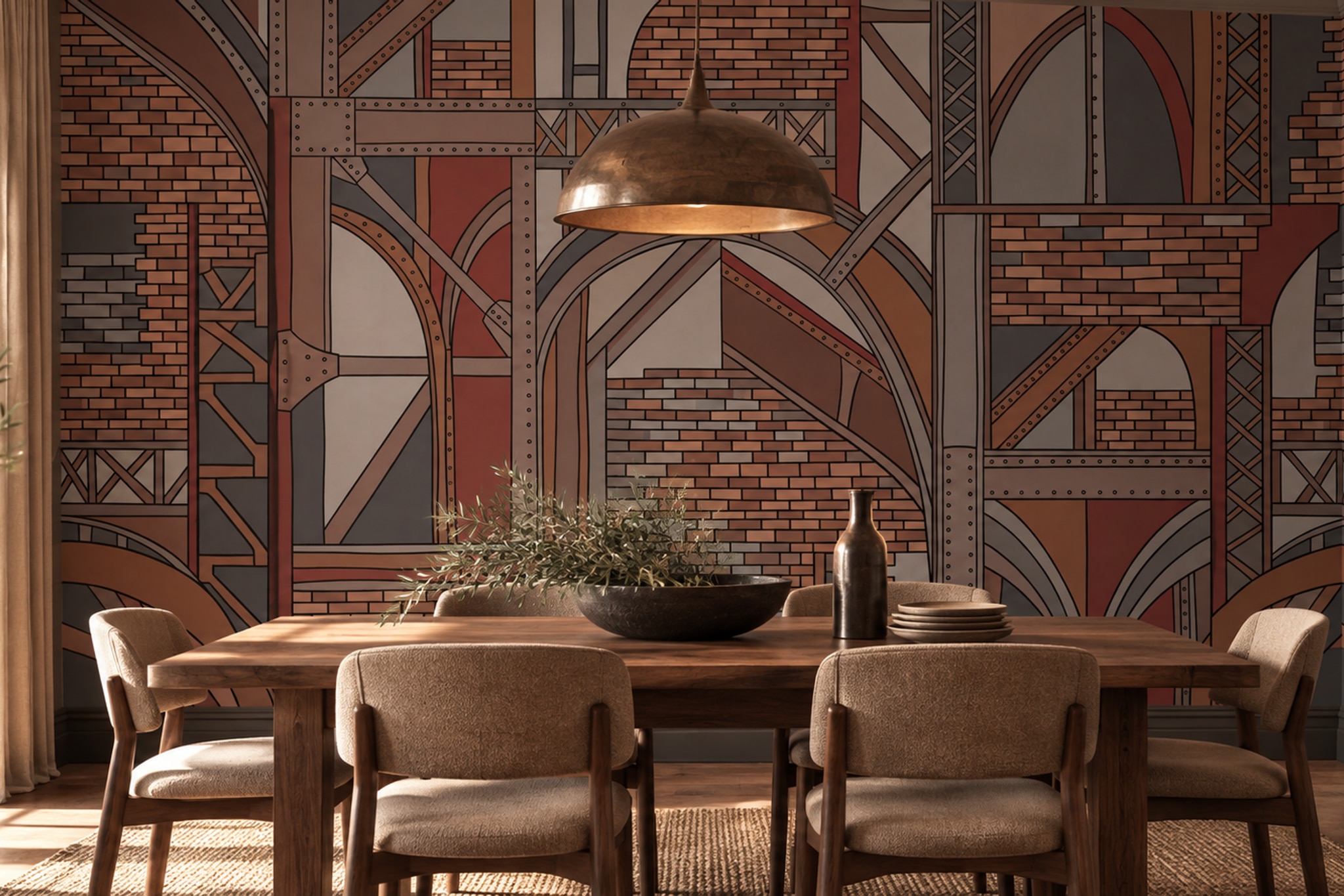 Brown Arched Abstract Wallpaper Mural Dining-room-wallpaper-murals, Shown In A Dining Room, Peel-and-stick Finish