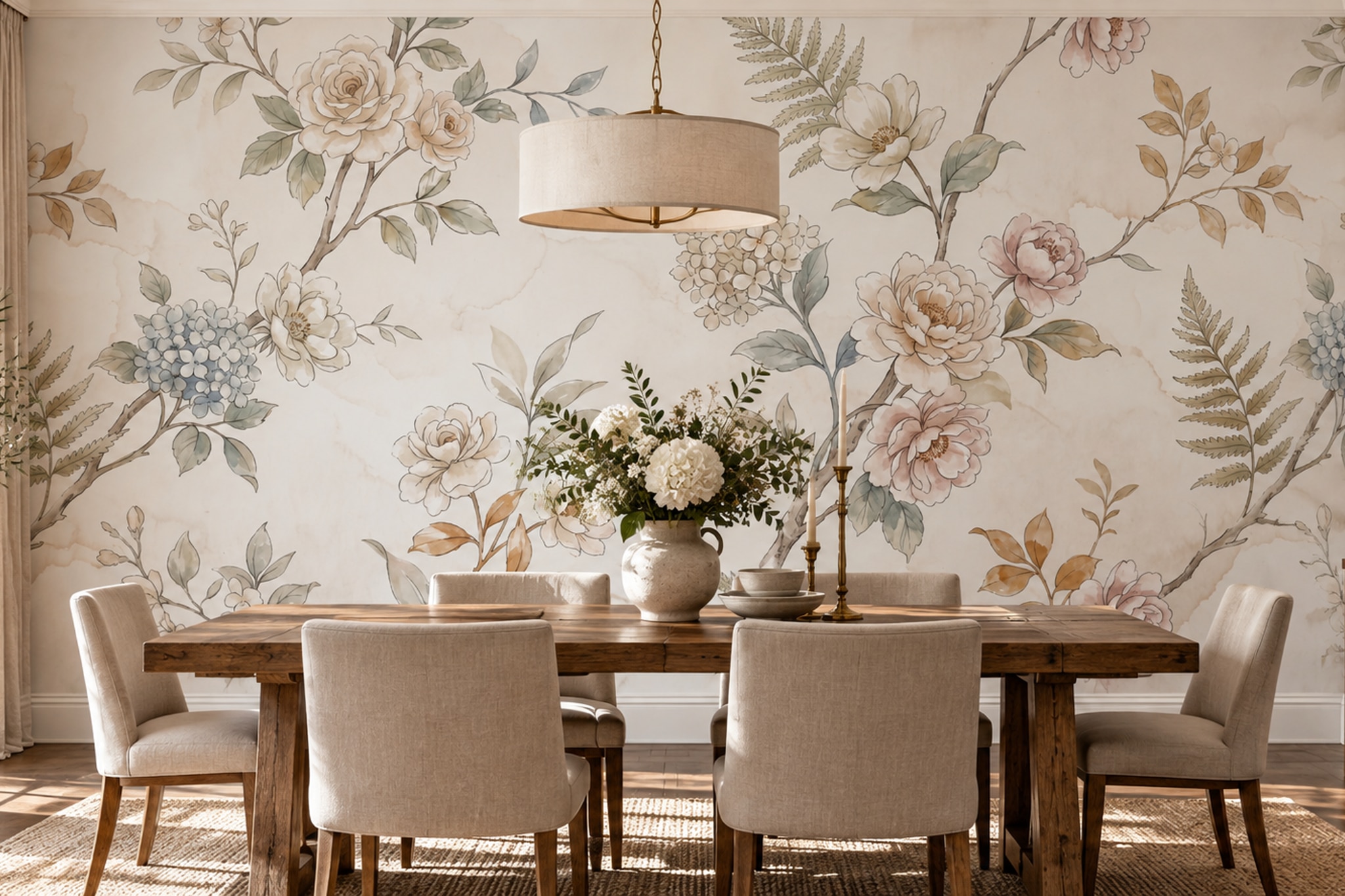 Cream Floral Botanical Wallpaper Mural Dining-room-wallpaper-murals, Shown In A Dining Room, Peel-and-stick Finish