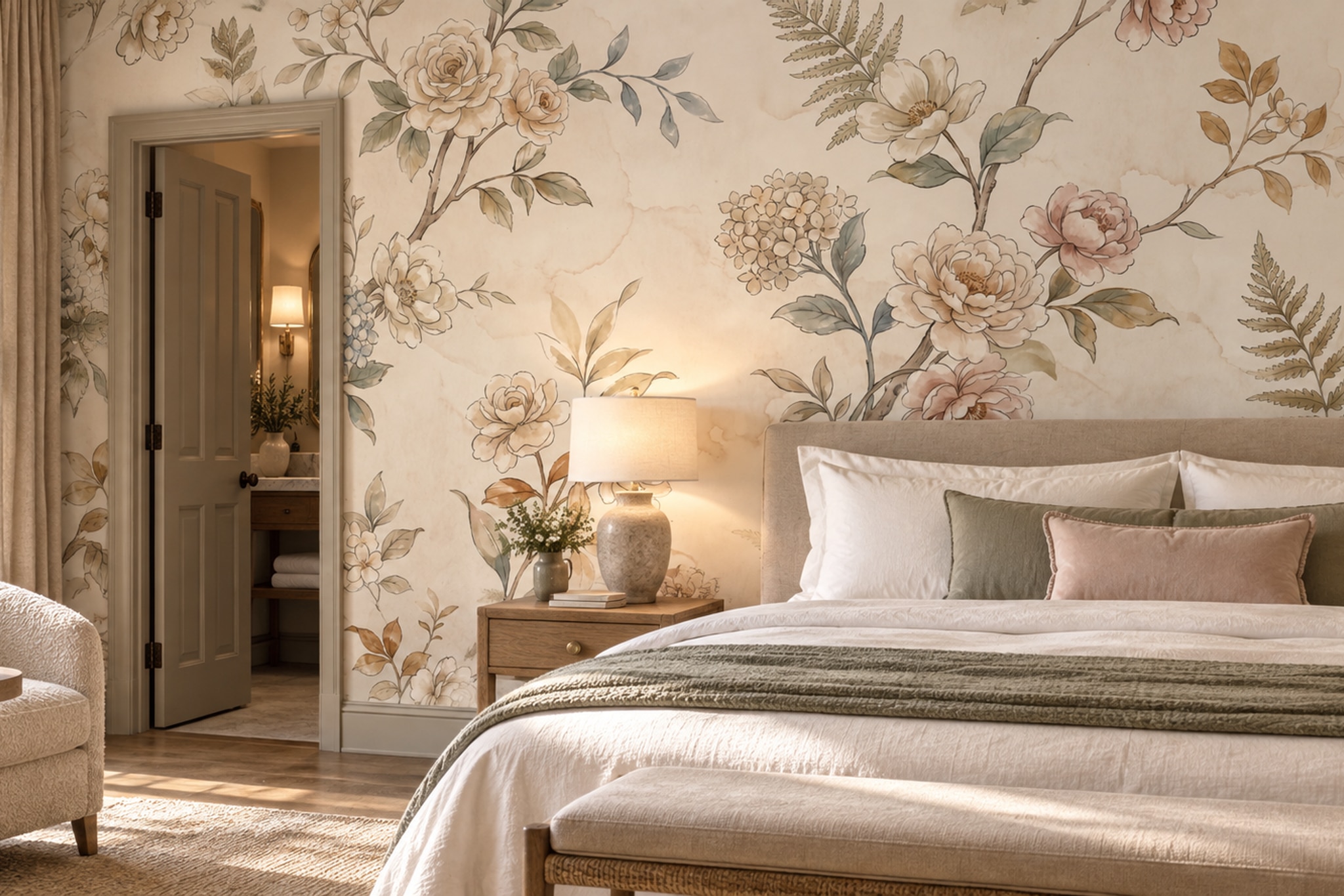 Cream Floral Botanical Wallpaper Mural Bedroom-wallpaper-murals, Peel-and-stick Finish