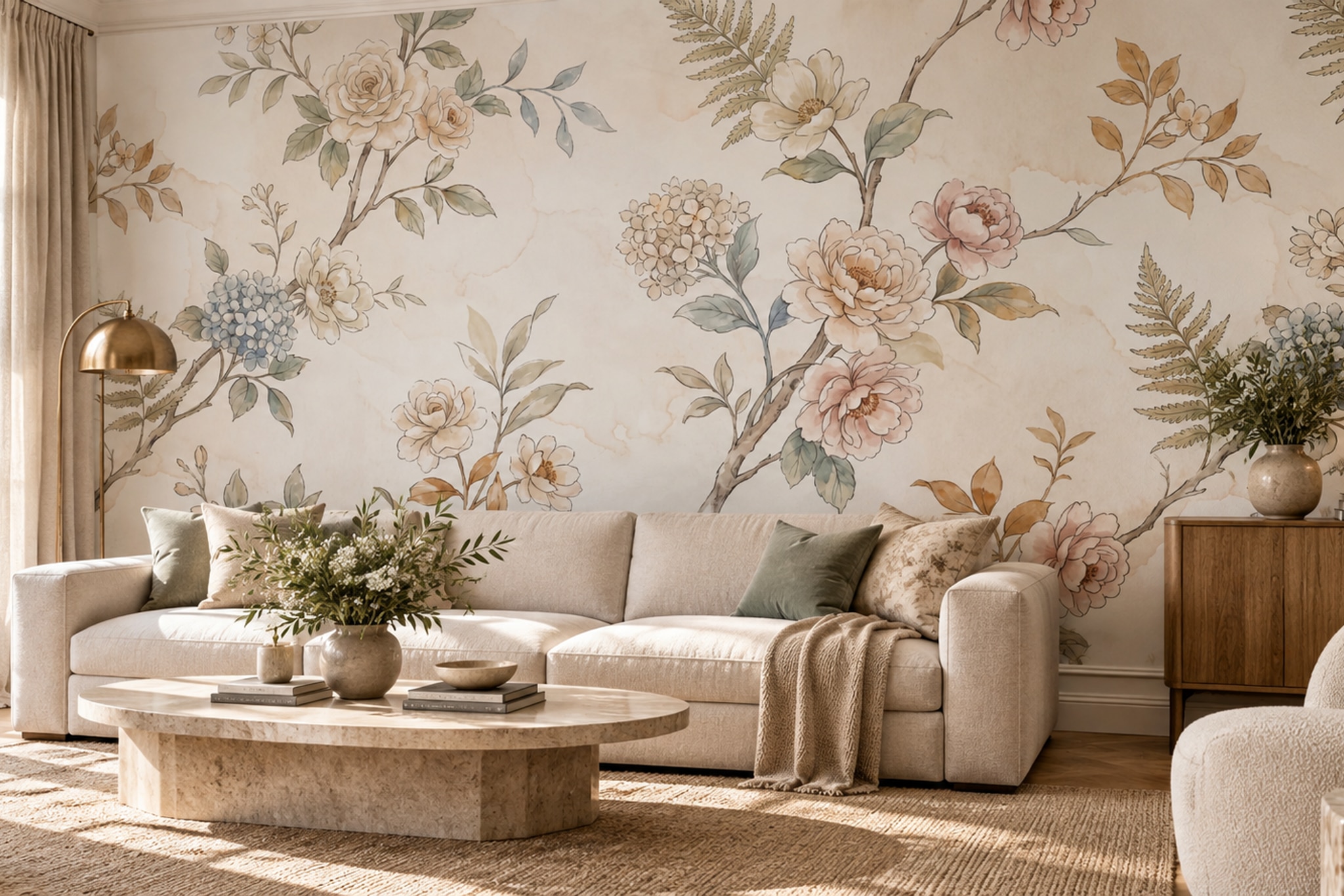 Cream Floral Botanical Wallpaper Mural Bedroom-wallpaper-murals, Peel-and-stick Finish