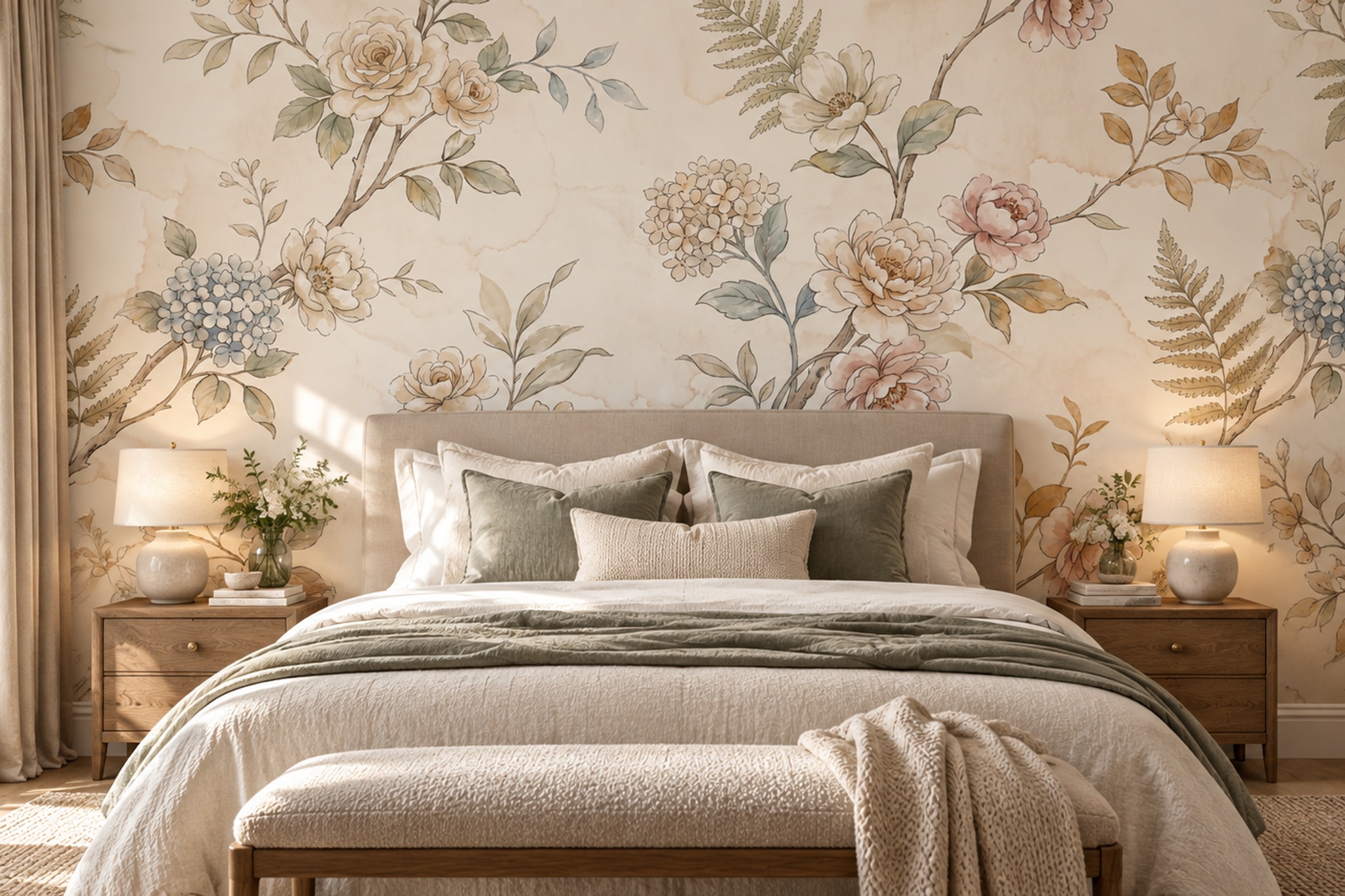 Cream Floral Botanical Wallpaper Mural Bedroom-wallpaper-murals, Peel-and-stick Finish
