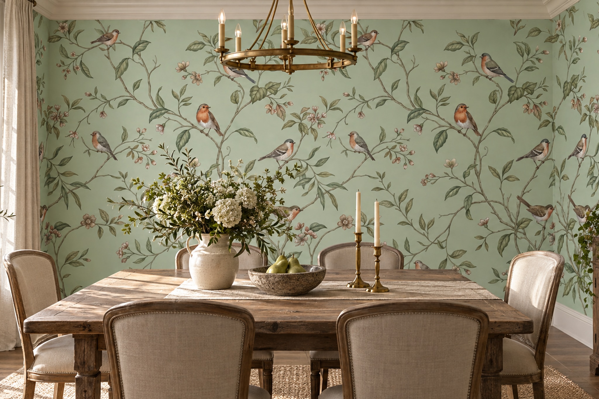 Songbirds On Flowering Sage Branches Wallpaper Mural — Wallpaper Mural Design, Peel-and-stick Finish