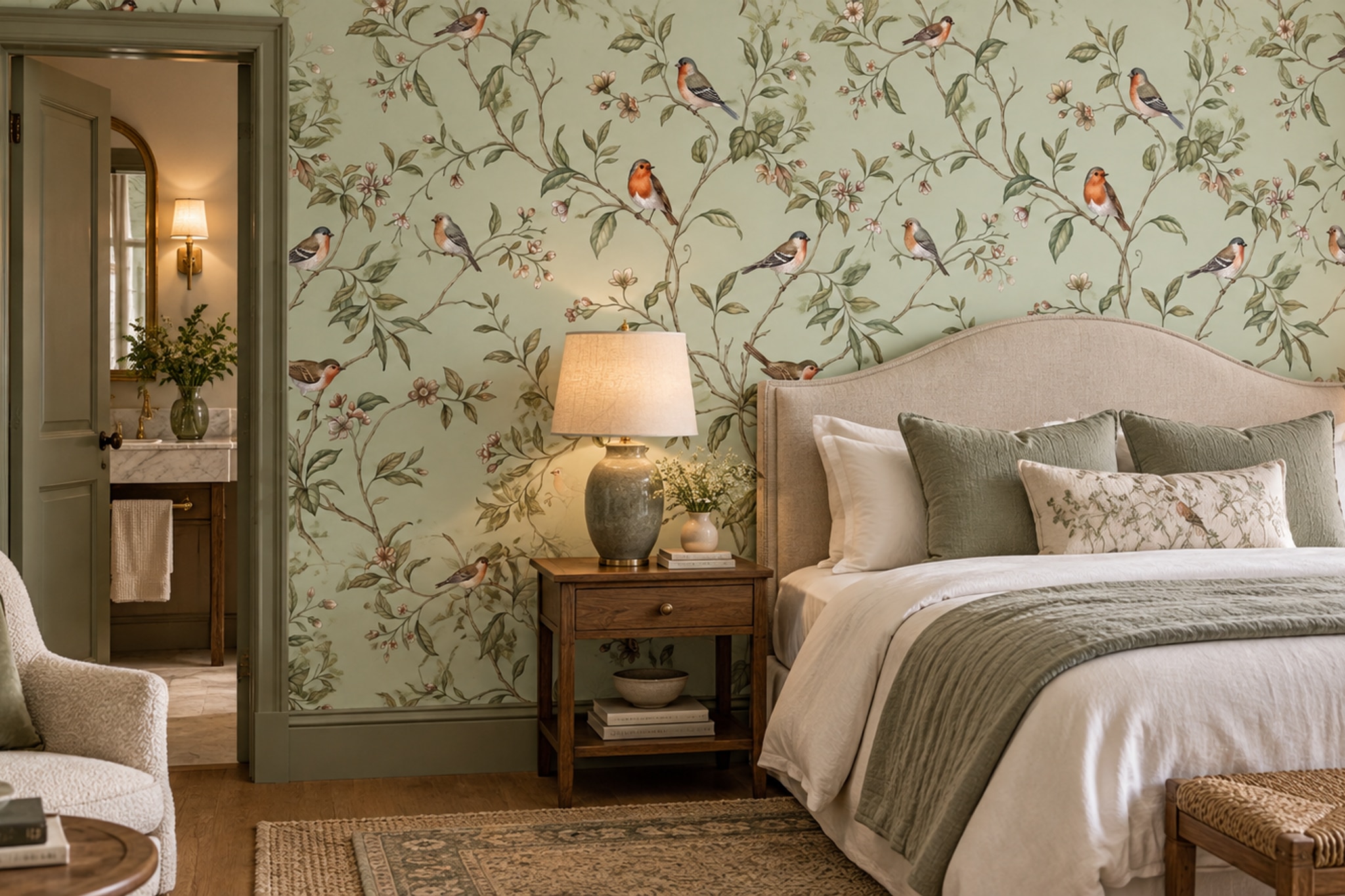 Sage Botanical Botanical Bird Wallpaper Mural Bedroom-wallpaper-murals, Peel-and-stick Finish