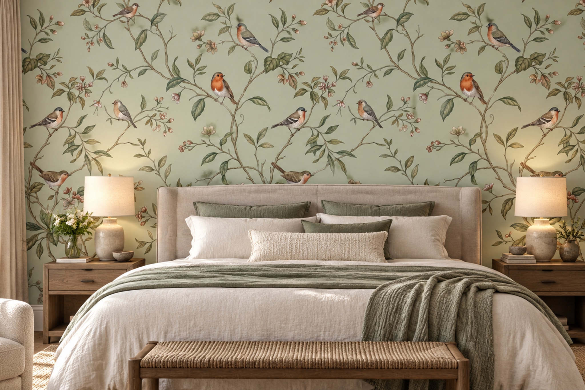 Sage Botanical Botanical Bird Wallpaper Mural Bedroom-wallpaper-murals, Peel-and-stick Finish