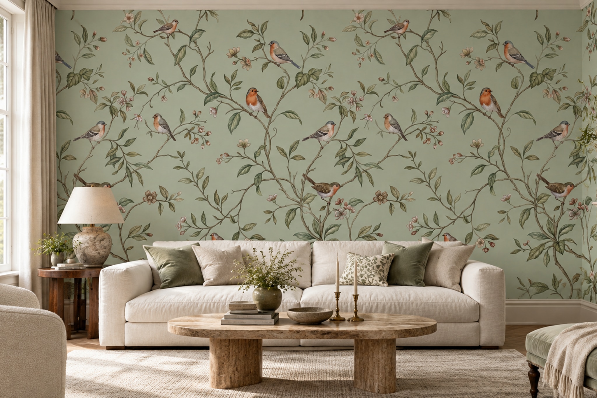 Sage Botanical Botanical Bird Wallpaper Mural Living-room-wallpaper-murals, Shown In A Living Room, Peel-and-stick Finish
