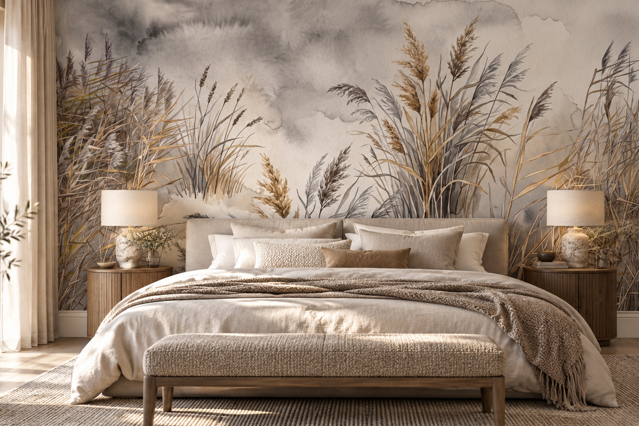 Beige Grasses Artful Decorative Wallpaper Mural Bedroom-wallpaper-murals, Peel-and-stick Finish