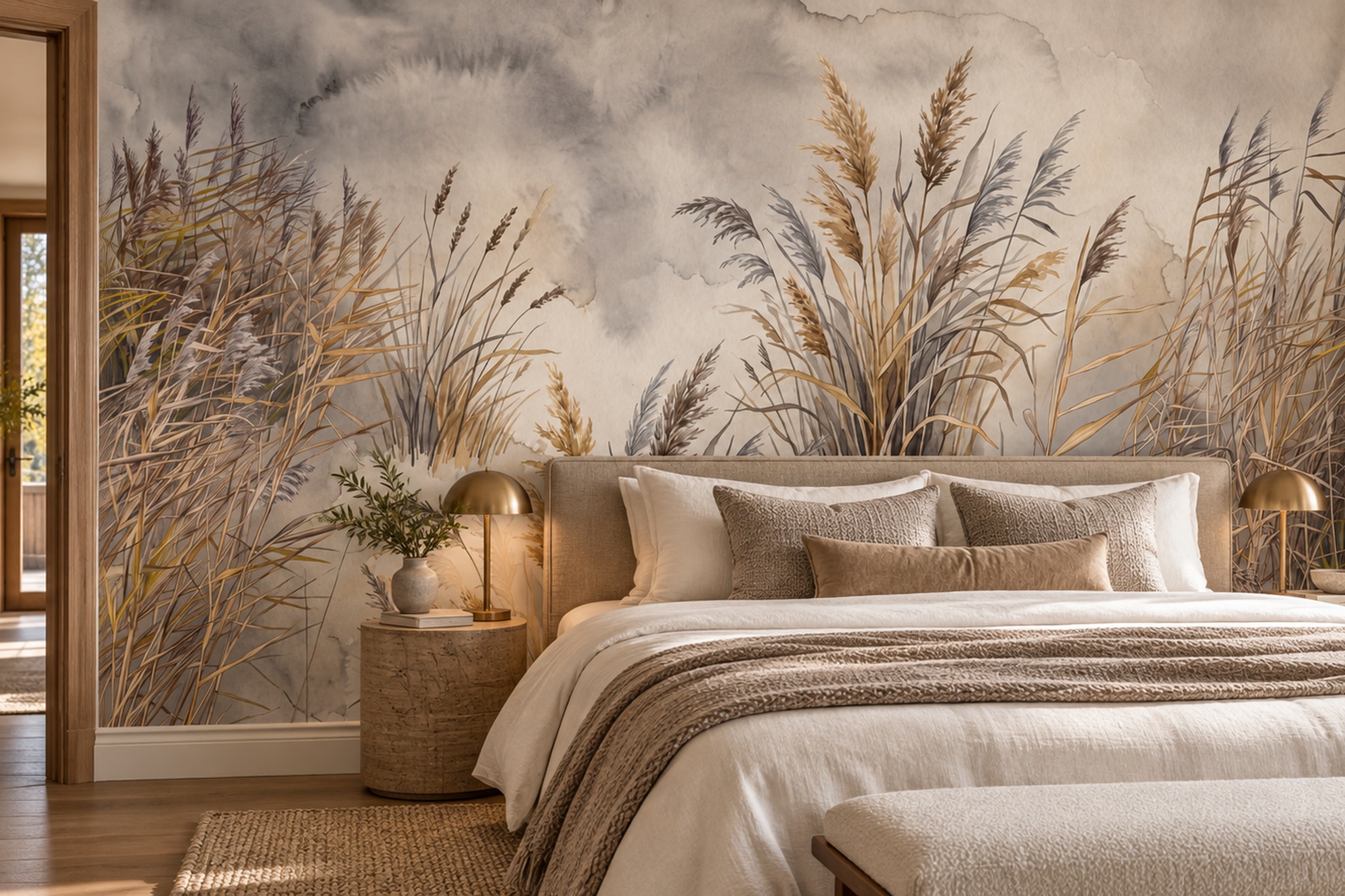Beige Grasses Artful Decorative Wallpaper Mural Bedroom-wallpaper-murals, Peel-and-stick Finish
