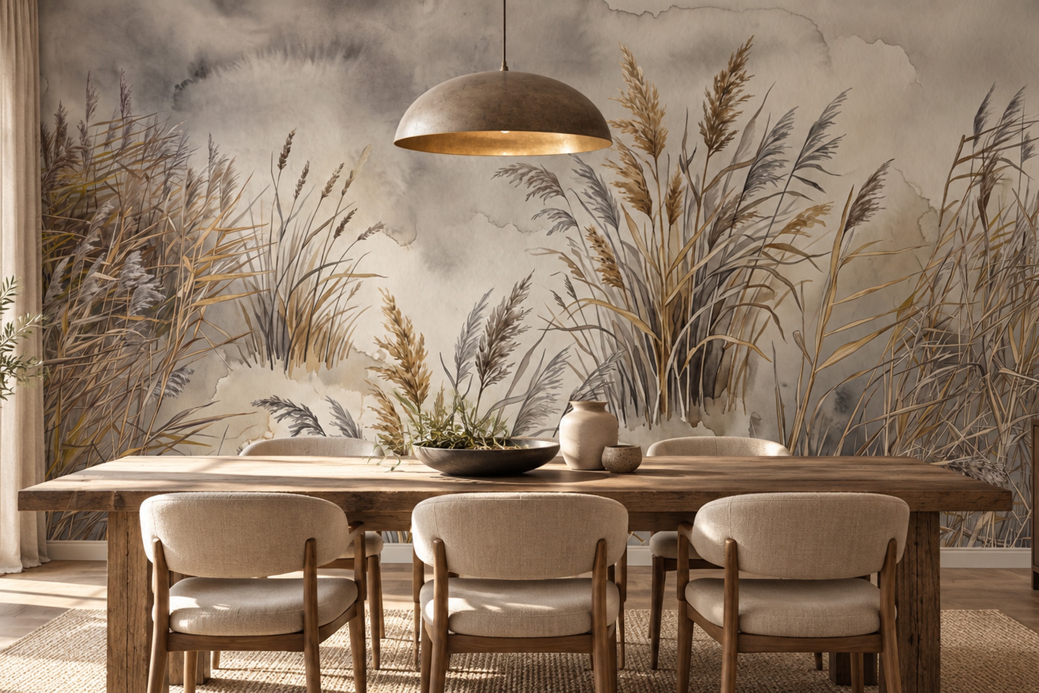 Beige Grasses Artful Decorative Wallpaper Mural Dining-room-wallpaper-murals, Shown In A Dining Room, Peel-and-stick Finish