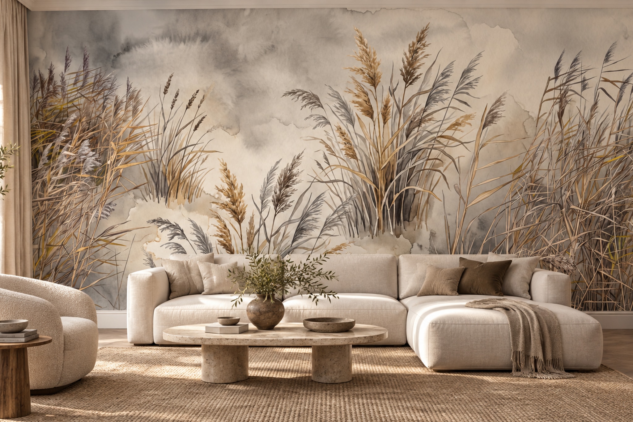 Neutral Watercolour Reed Grasses Wallpaper Mural — Wallpaper Mural Design, Peel-and-stick Finish