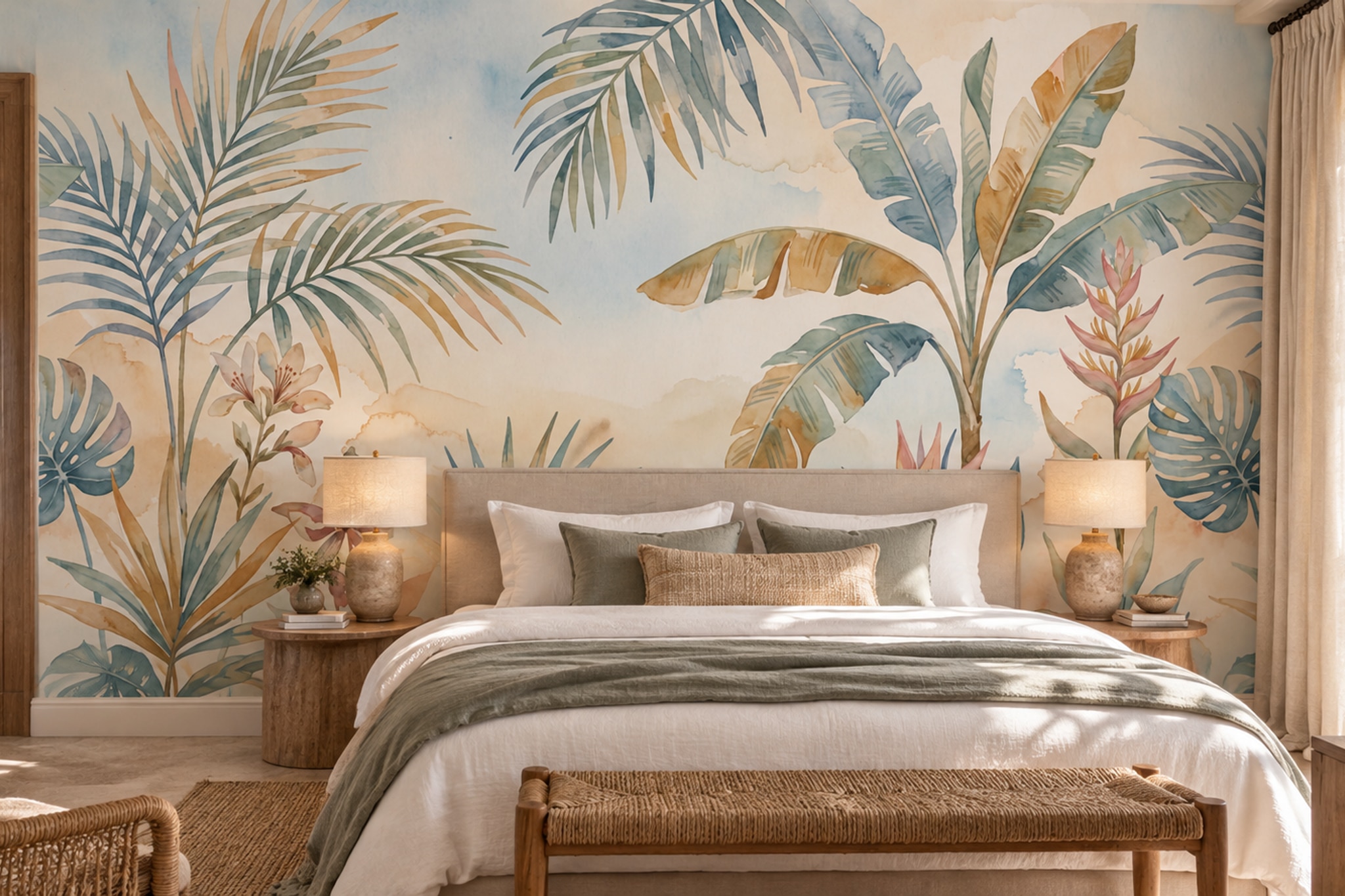 Aqua Palm Artful Decorative Wallpaper Mural Bedroom-wallpaper-murals, Peel-and-stick Finish