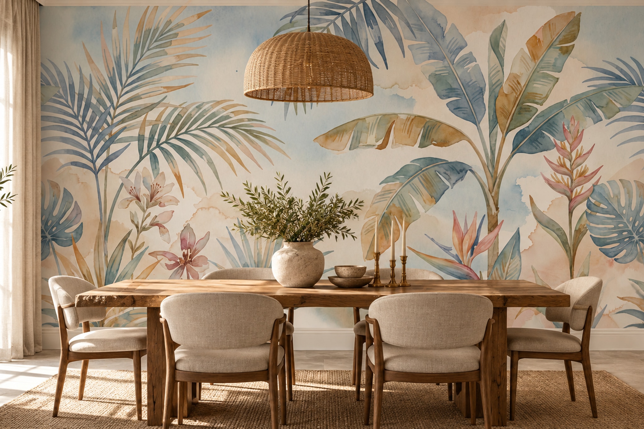 Aqua Palm Artful Decorative Wallpaper Mural Dining-room-wallpaper-murals, Shown In A Dining Room, Peel-and-stick Finish