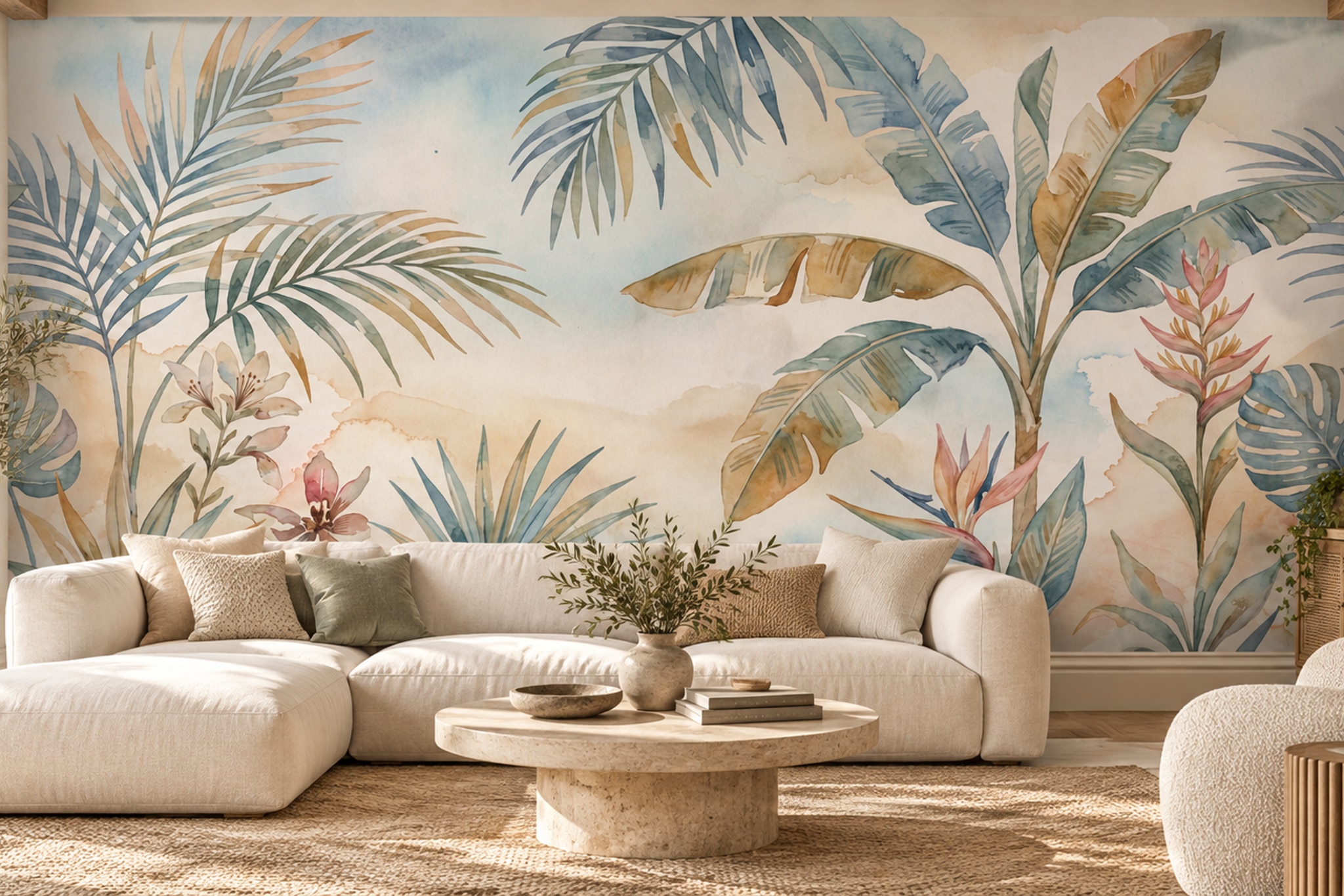 Watercolour Tropical Leaves And Orchid Wallpaper Mural — Wallpaper Mural Design, Peel-and-stick Finish