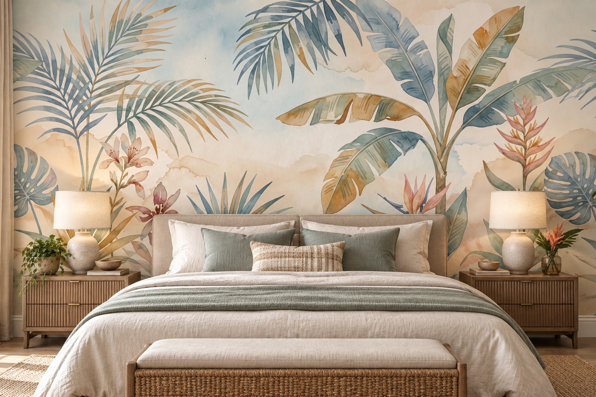 Aqua Palm Artful Decorative Wallpaper Mural Bedroom-wallpaper-murals, Peel-and-stick Finish