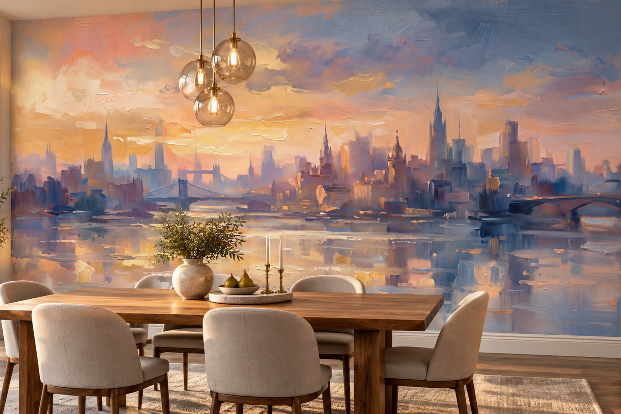 Peach Pattern Decorative Wallpaper Mural Layered Detail Wallpaper Mural Dining-room-wallpaper-murals, Shown In A Dining Room, Peel-and-stick Finish