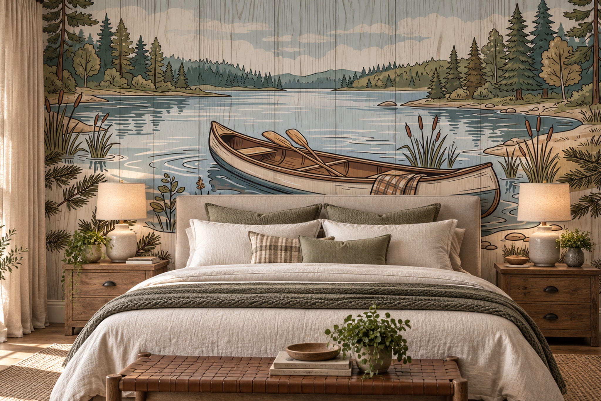 Watercolour Canoe On A Quiet Forest Lake Wallpaper Mural — Installed Wallpaper Mural In A Bedroom, Peel-and-stick Finish