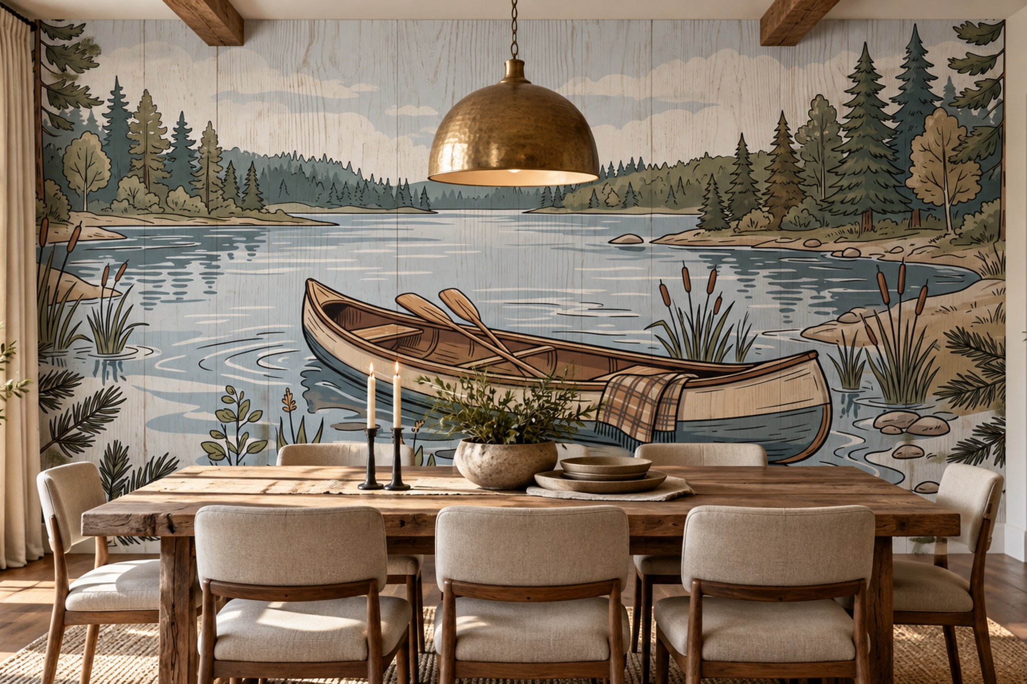 Blue Pattern Decorative Wallpaper Painterly Organic Wallpaper Mural Dining-room-wallpaper-murals, Shown In A Dining Room, Peel-and-stick Finish