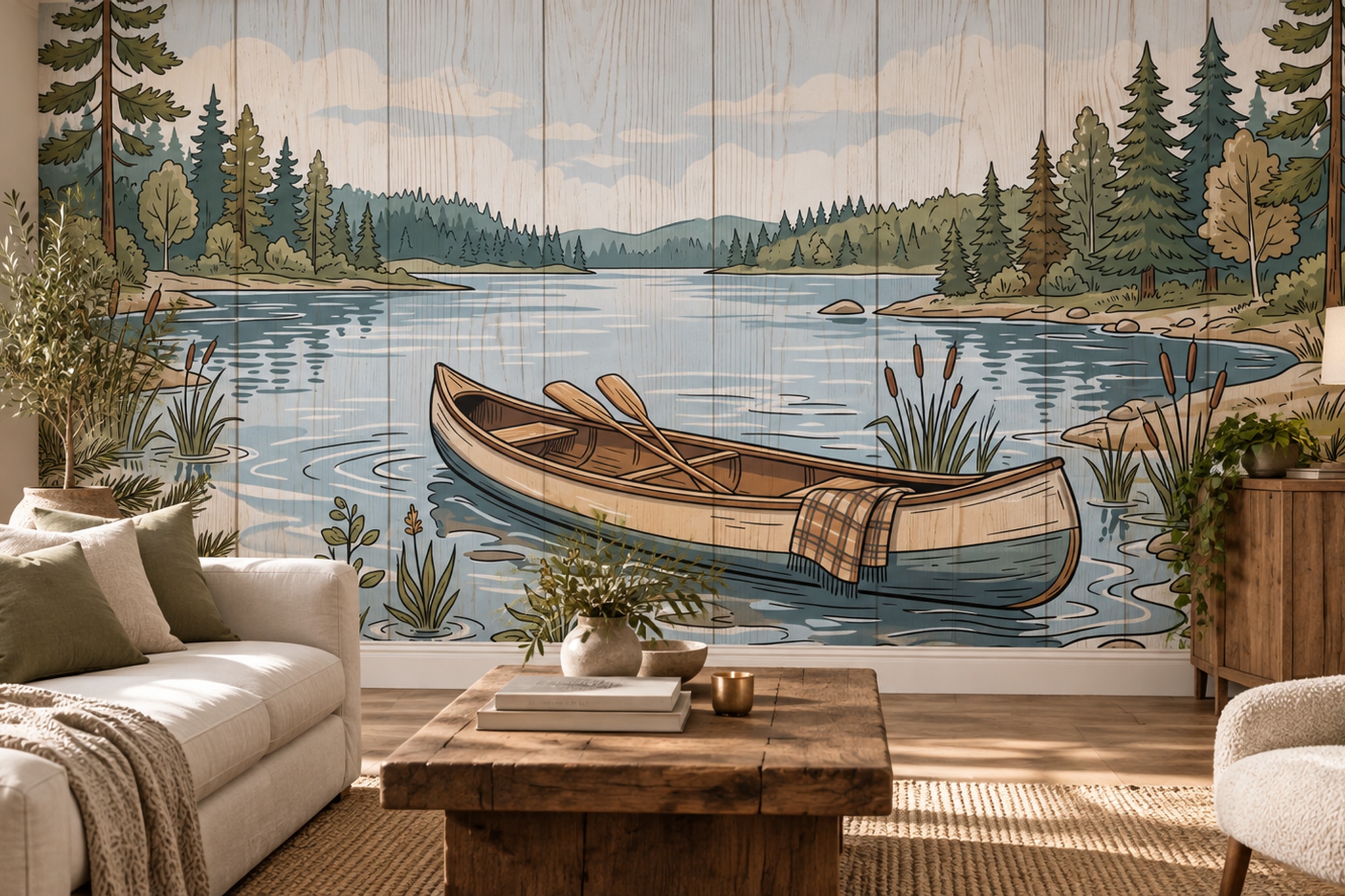 Blue Pattern Decorative Wallpaper Painterly Organic Wallpaper Mural Living-room-wallpaper-murals, Shown In A Living Room, Peel-and-stick Finish
