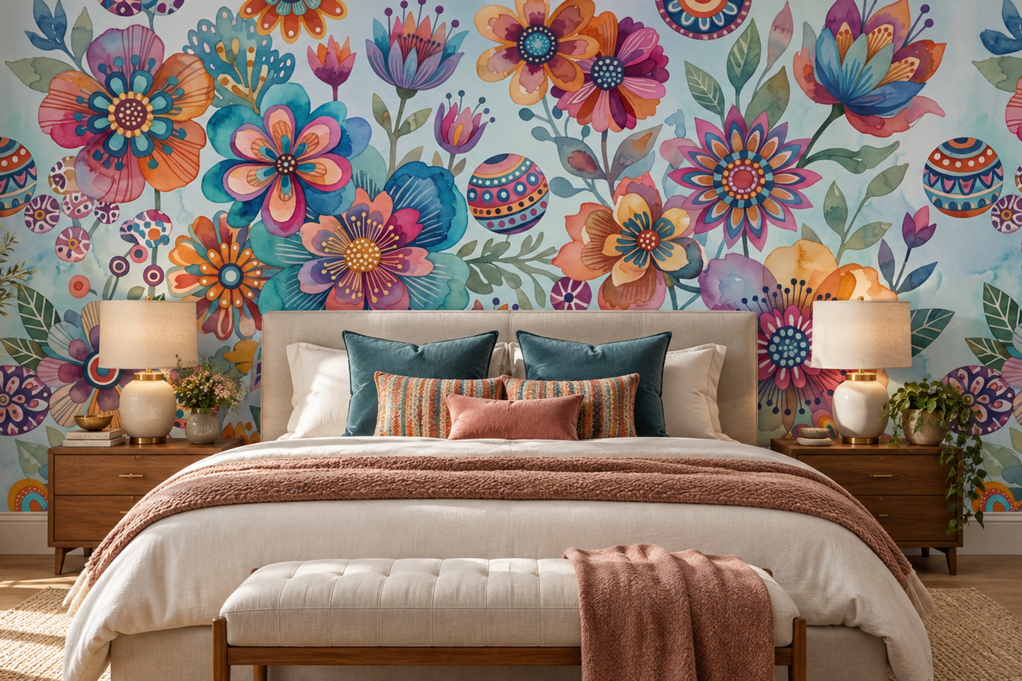 Pink Floral Botanical Wallpaper Mural Layered Decorative Wallpaper Mural Bedroom-wallpaper-murals, Peel-and-stick Finish