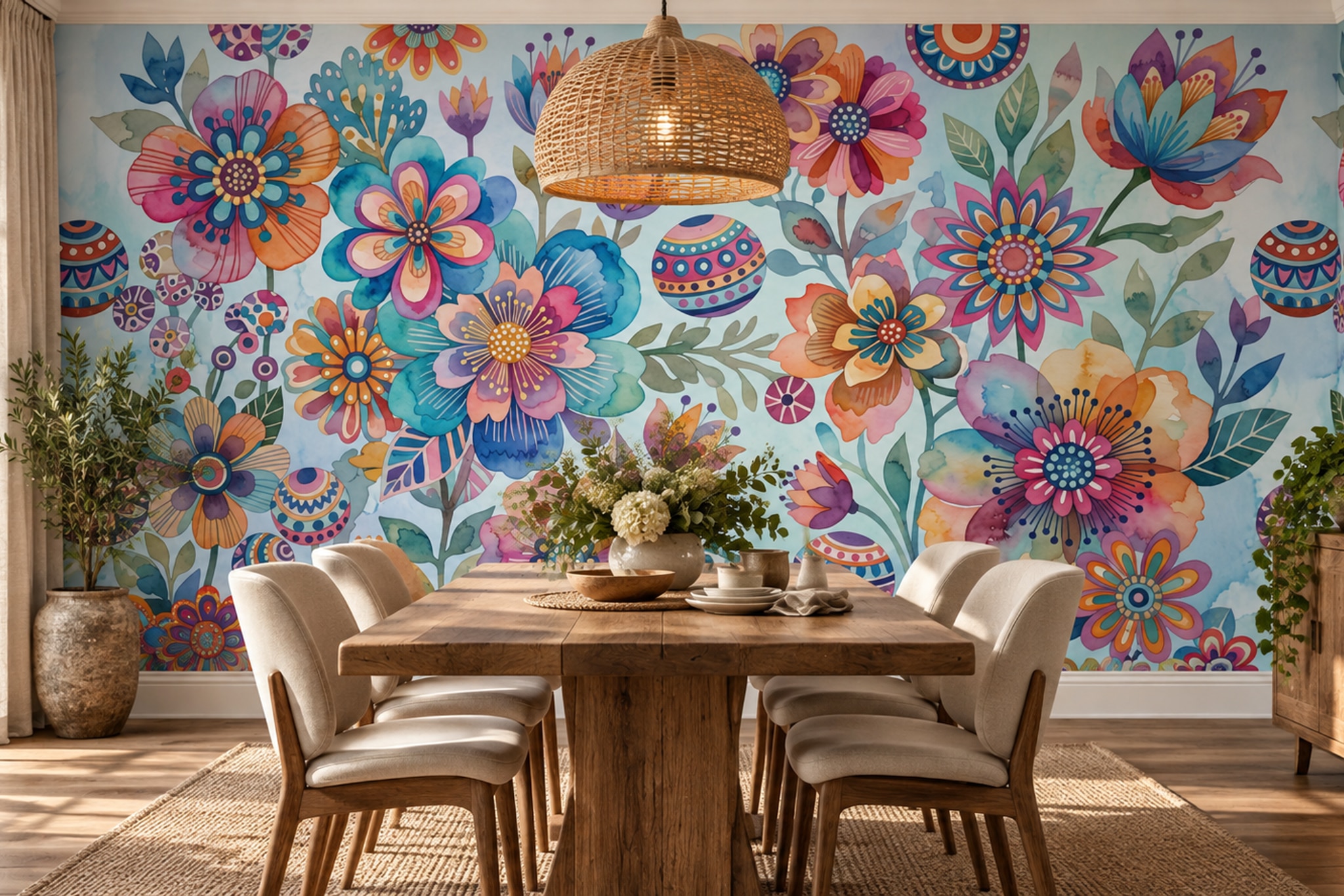 Pink Floral Botanical Wallpaper Mural Layered Decorative Wallpaper Mural Dining-room-wallpaper-murals, Shown In A Dining Room, Peel-and-stick Finish