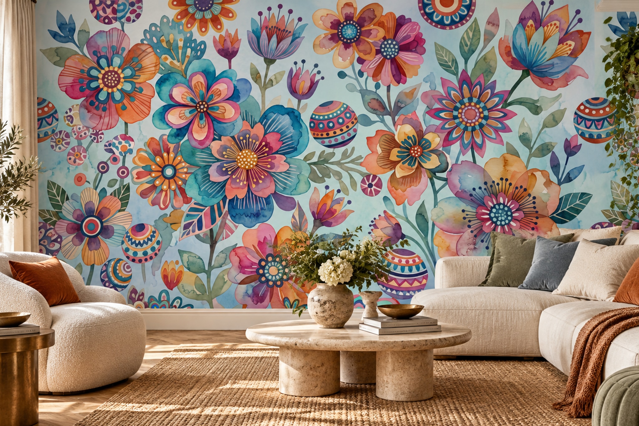 Pink Floral Botanical Wallpaper Mural Layered Decorative Wallpaper Mural Accent-wall-wallpaper-murals, Peel-and-stick Finish