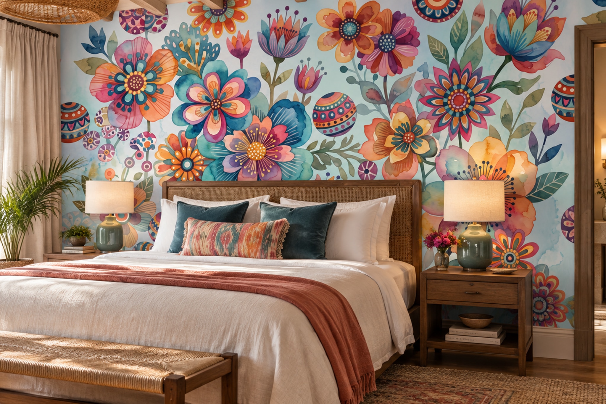 Pink Floral Botanical Wallpaper Mural Layered Decorative Wallpaper Mural Accent-wall-wallpaper-murals, Peel-and-stick Finish