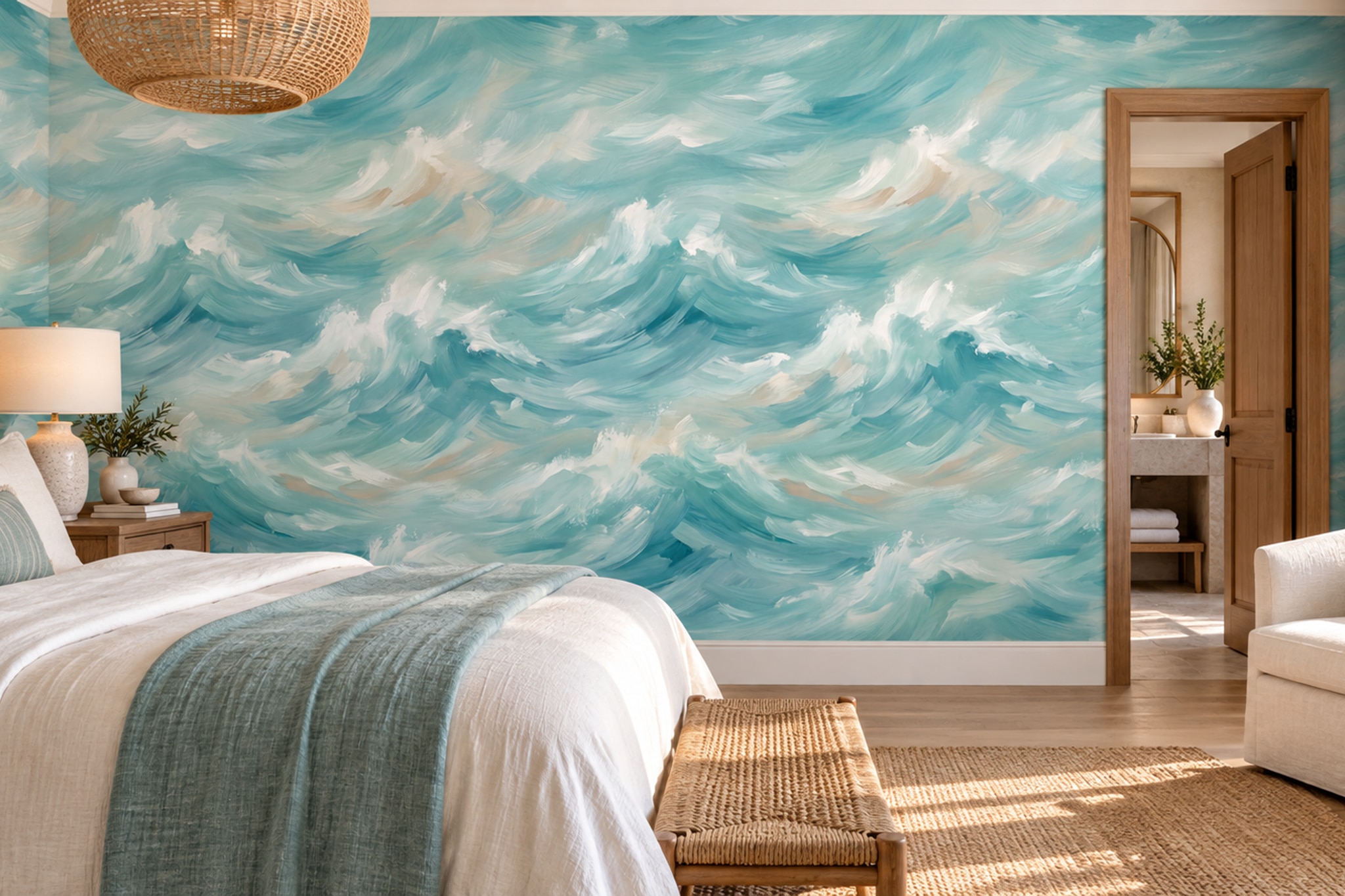 Aqua Waves Artful Abstract Wallpaper Mural Bedroom-wallpaper-murals, Peel-and-stick Finish