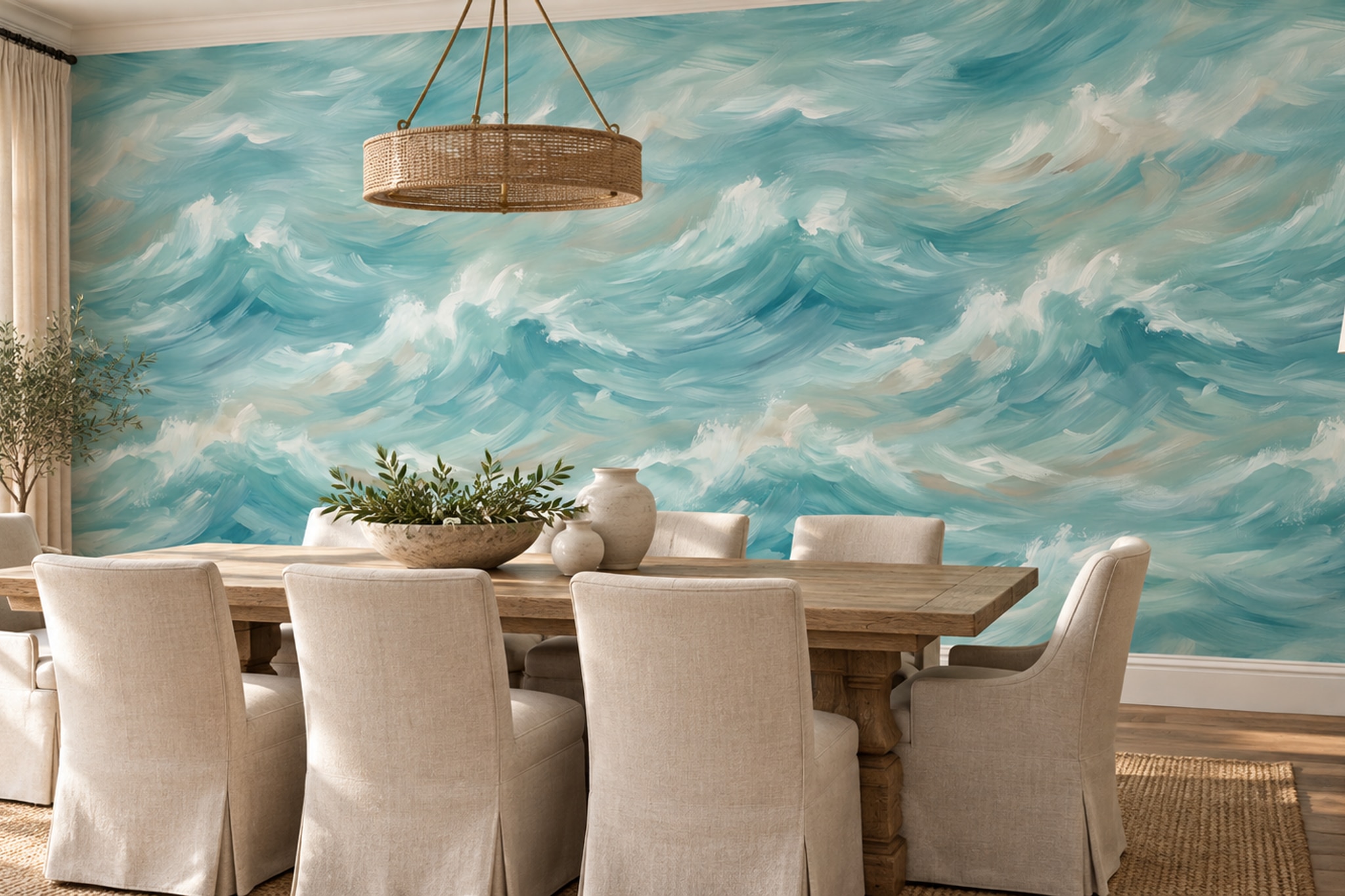 Aqua Waves Artful Abstract Wallpaper Mural Dining-room-wallpaper-murals, Shown In A Dining Room, Peel-and-stick Finish