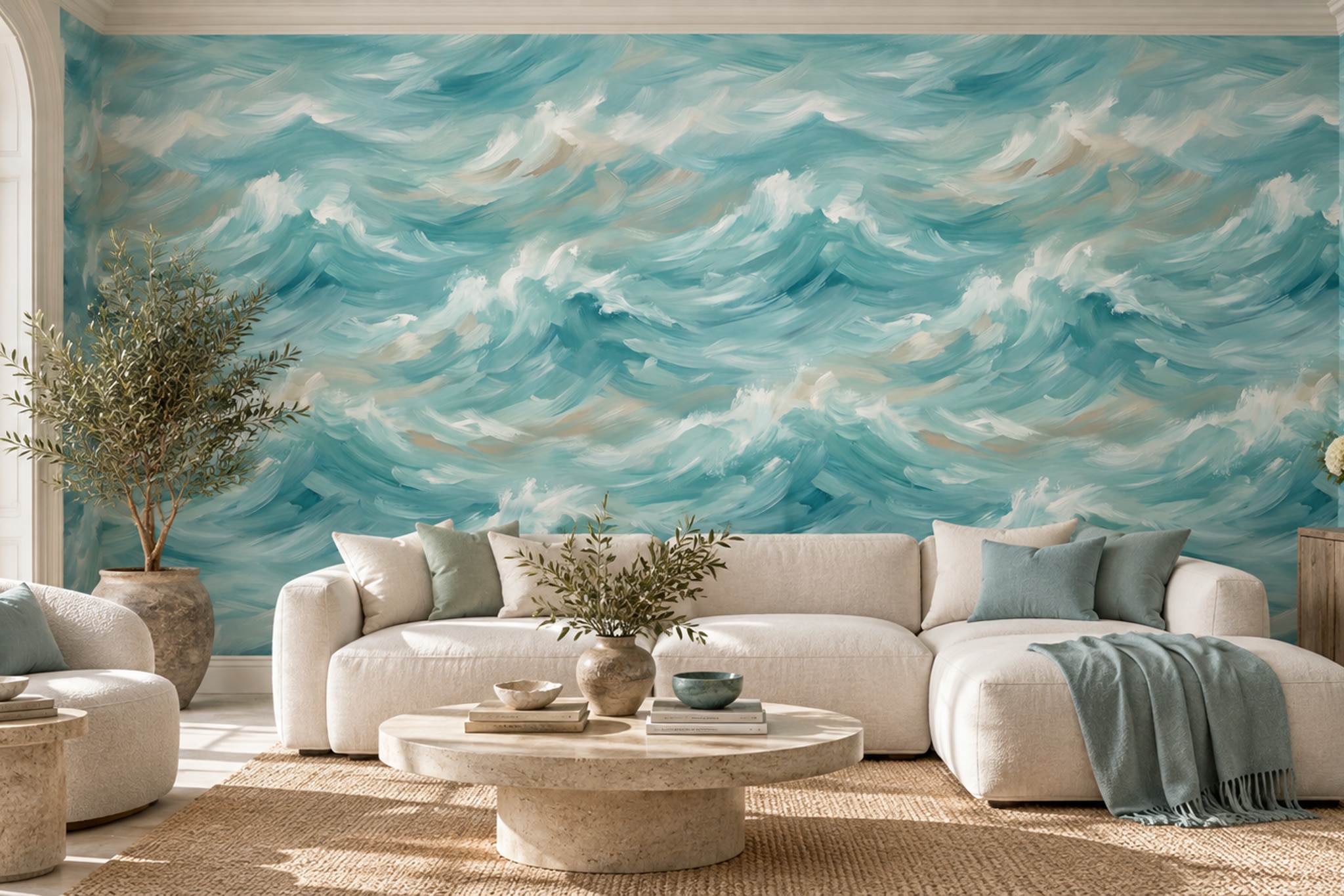 Repeating Teal Ocean Waves With White Foam Wallpaper Mural — Wallpaper Mural Design, Peel-and-stick Finish