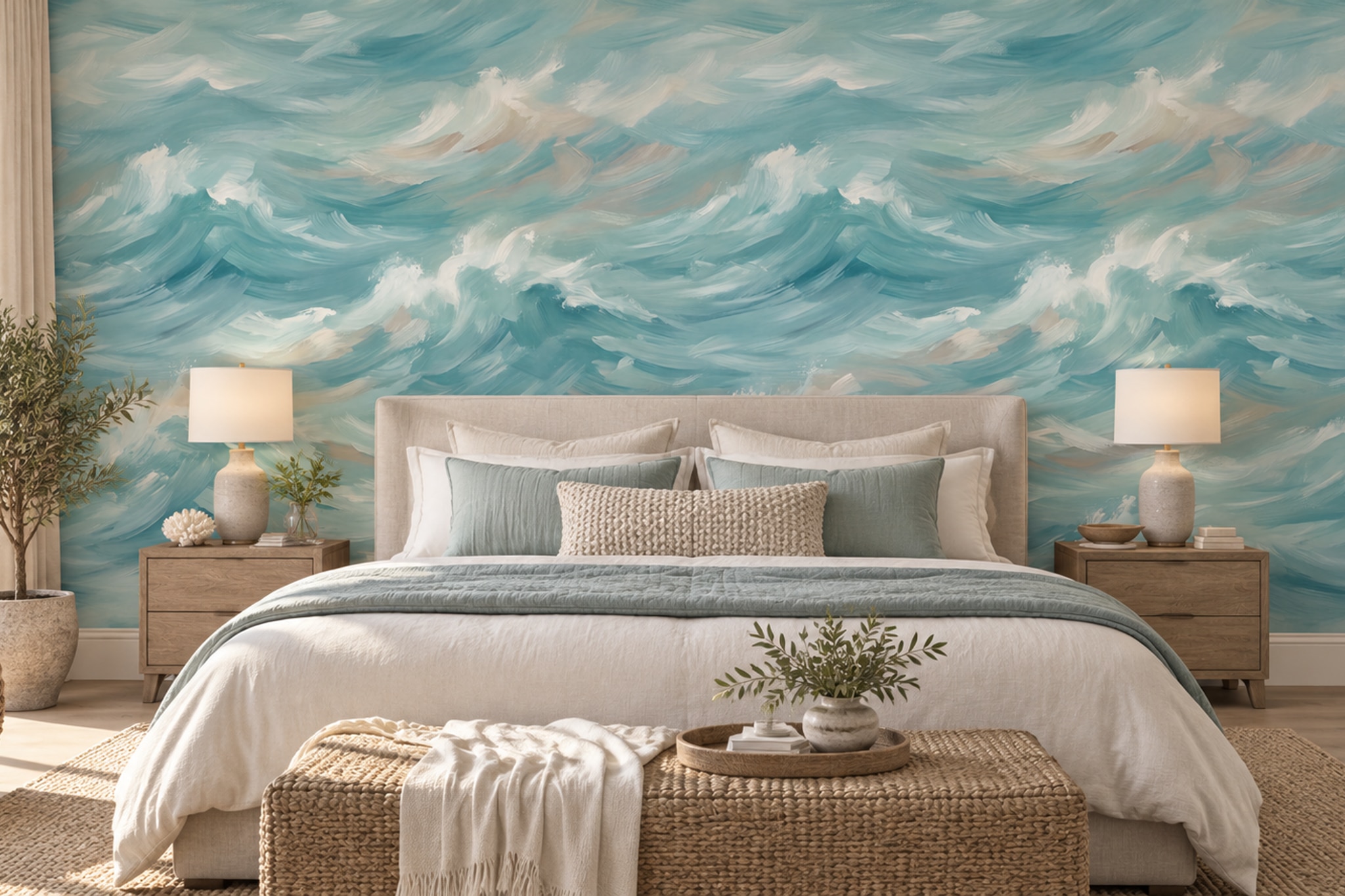 Aqua Waves Artful Abstract Wallpaper Mural Living-room-wallpaper-murals, Peel-and-stick Finish