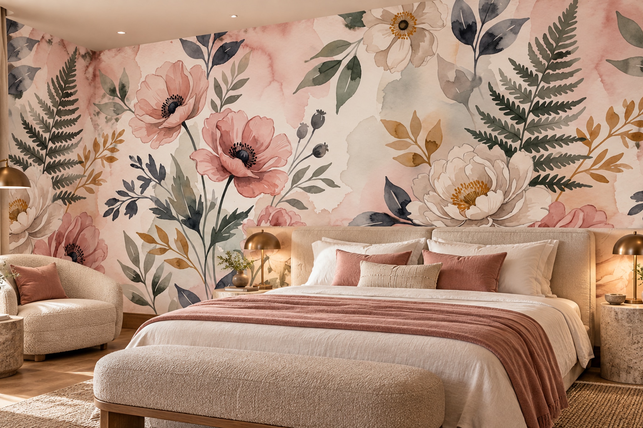 Pink Poppies And Fern Leaves Wallpaper Mural — Installed Wallpaper Mural In A Bedroom, Peel-and-stick Finish