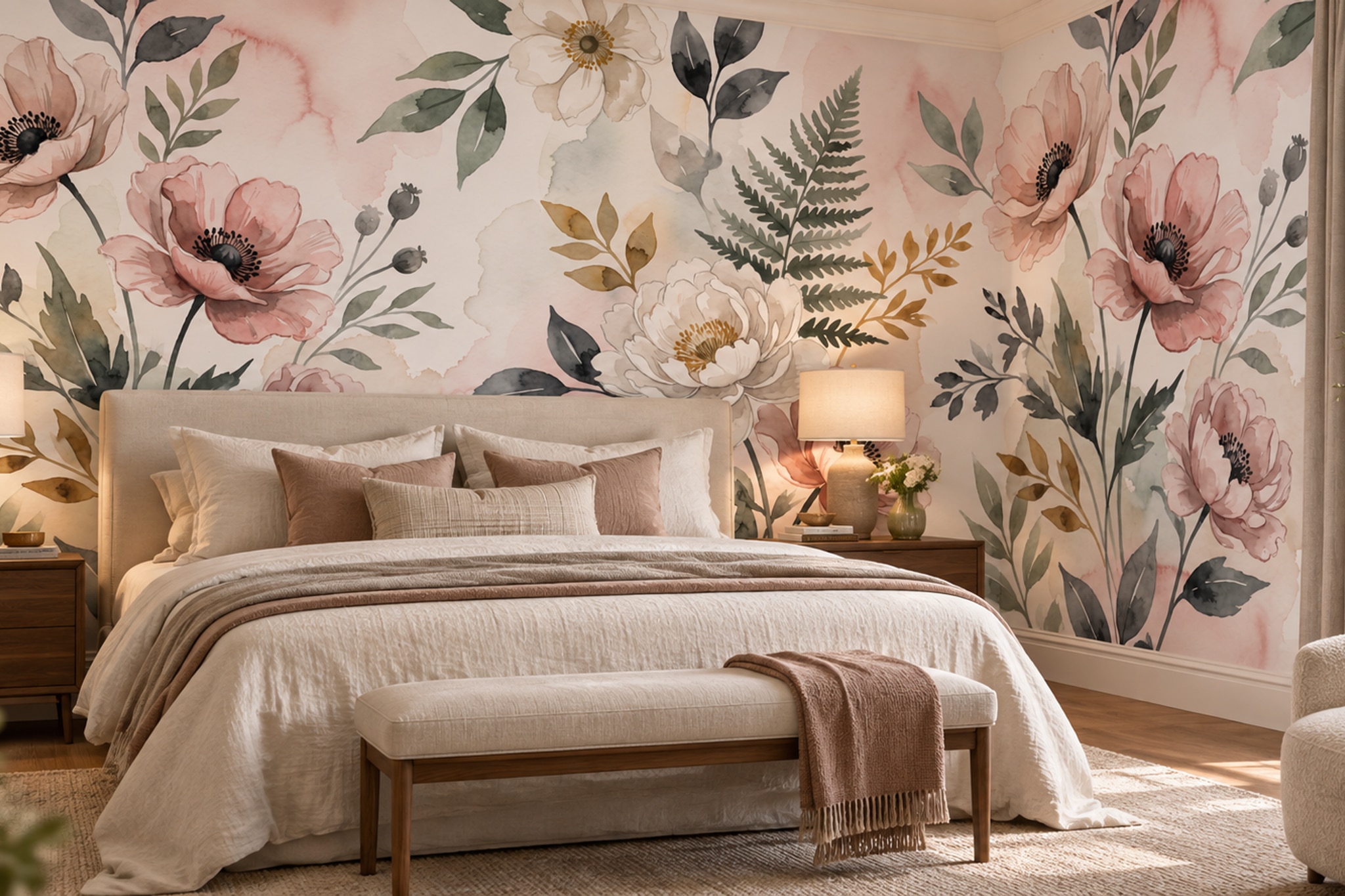 Pink Floral Botanical Wallpaper Mural Layered Surface Wallpaper Mural Bedroom-wallpaper-murals, Peel-and-stick Finish