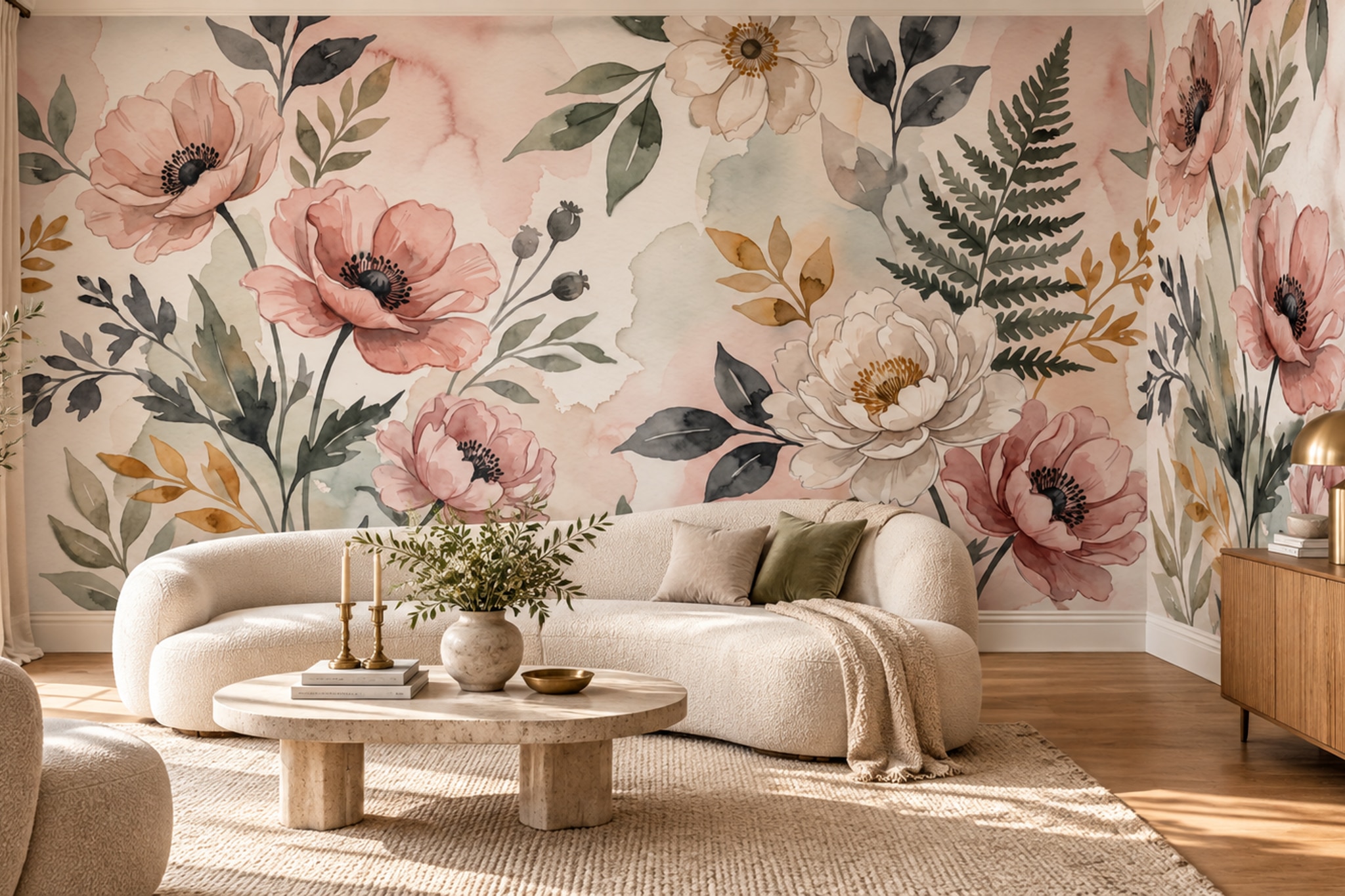 Pink Floral Botanical Wallpaper Mural Layered Surface Wallpaper Mural Feature-wall-wallpaper-murals, Peel-and-stick Finish