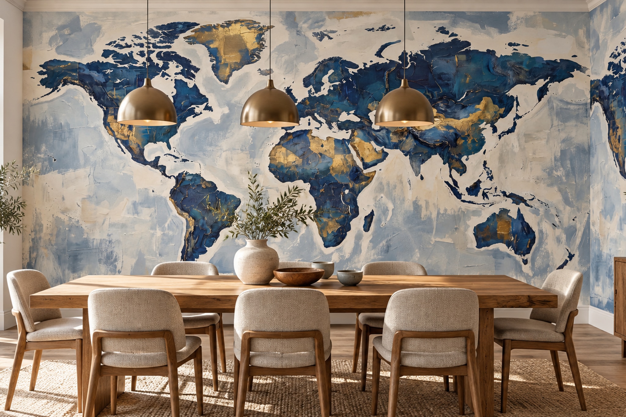 Blue Map Artful Wallpaper Mural Dining-room-wallpaper-murals, Shown In A Dining Room, Peel-and-stick Finish