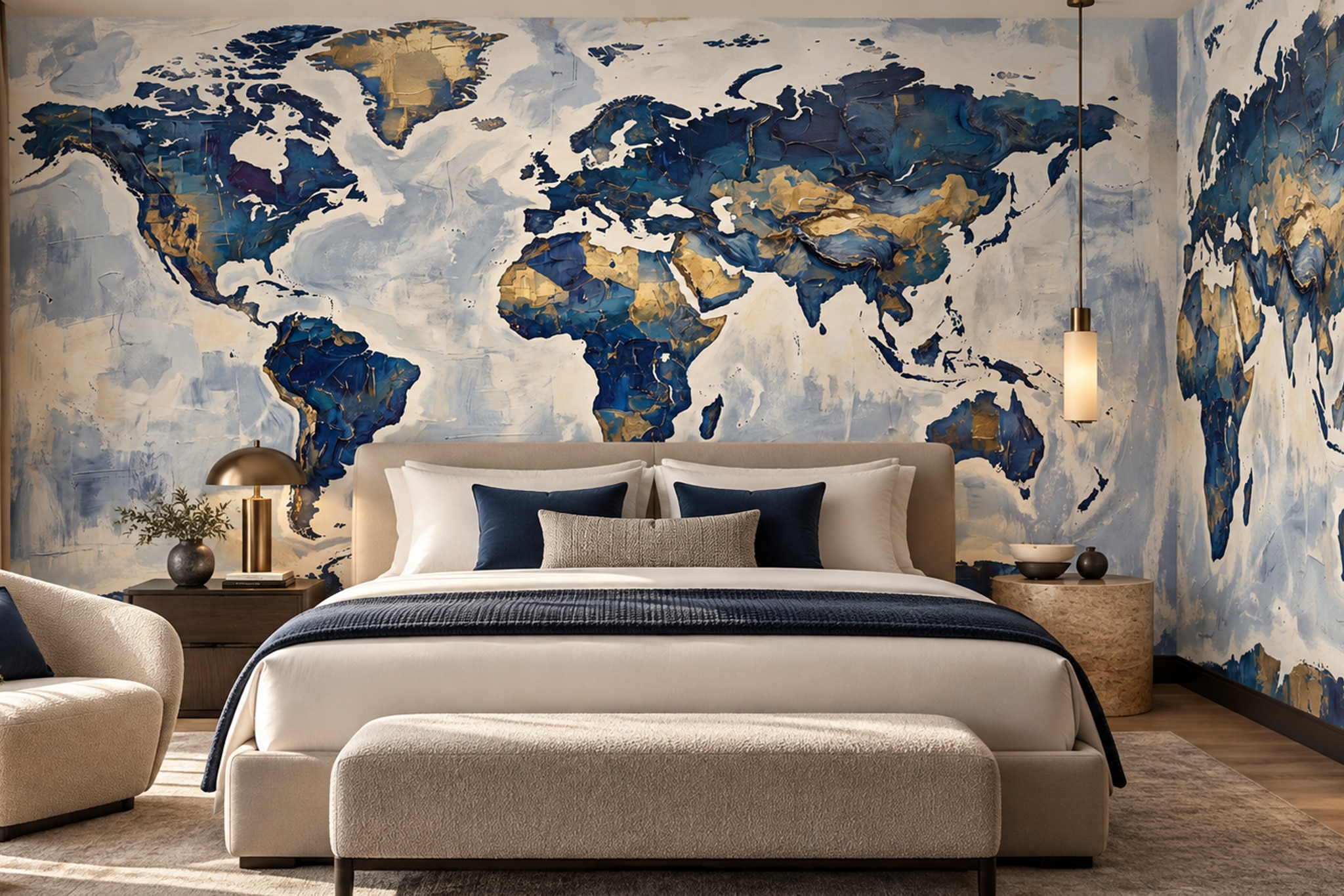 Blue Map Artful Wallpaper Mural Bedroom-wallpaper-murals, Peel-and-stick Finish
