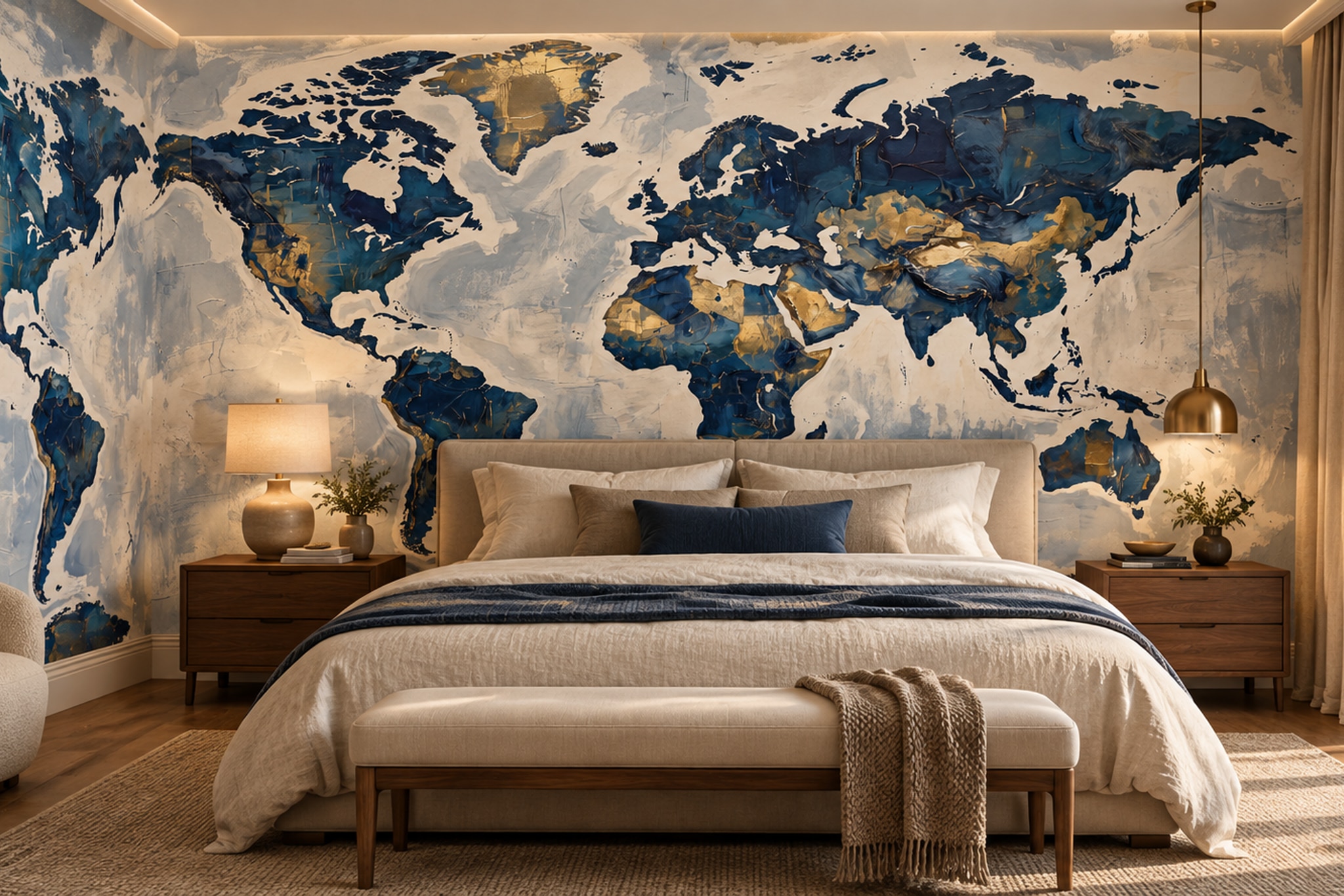 Blue Map Artful Wallpaper Mural Bedroom-wallpaper-murals, Peel-and-stick Finish