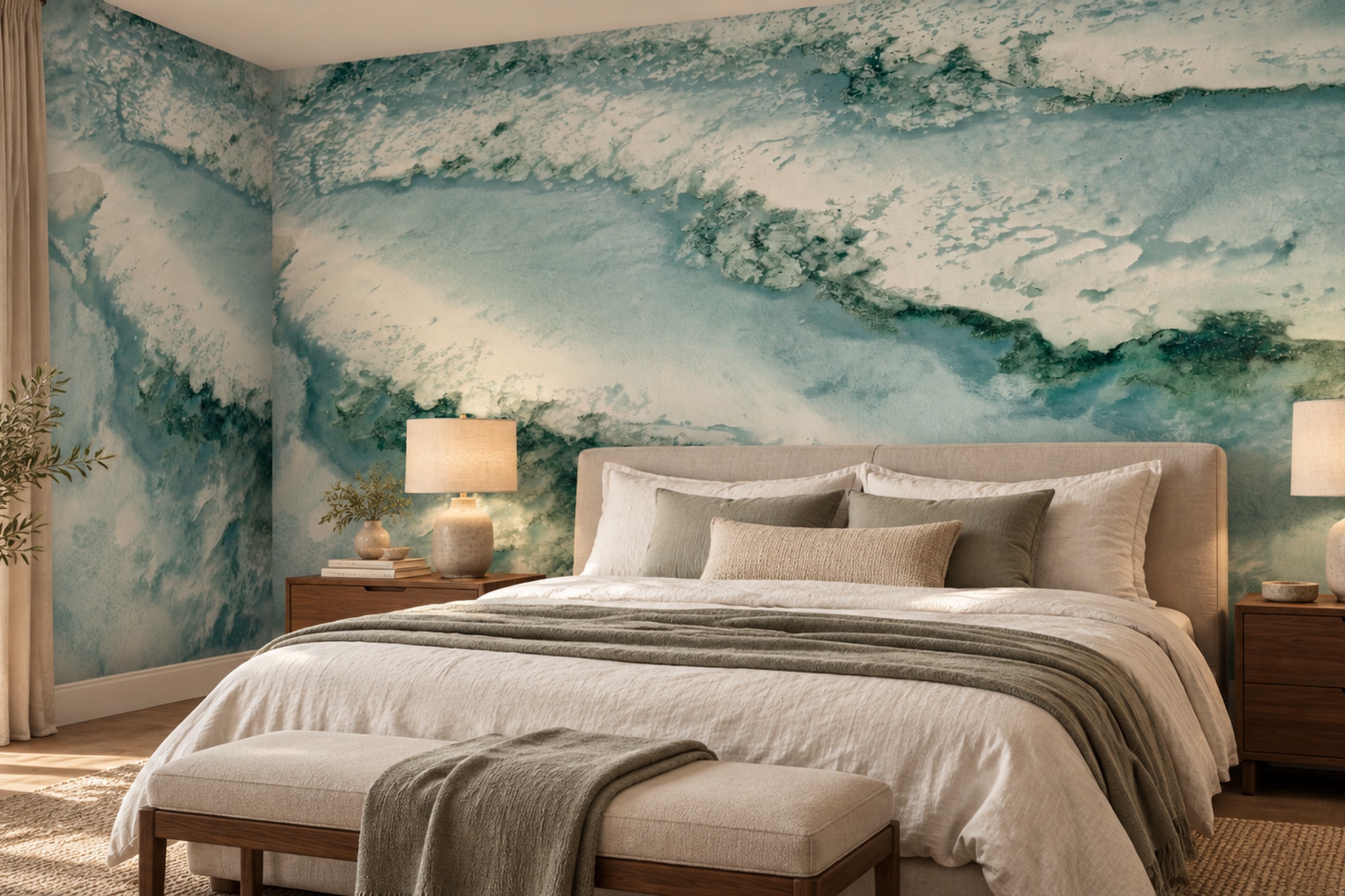Teal Watercolour Flow Abstract Wallpaper Mural — Installed Wallpaper Mural In A Bedroom, Peel-and-stick Finish
