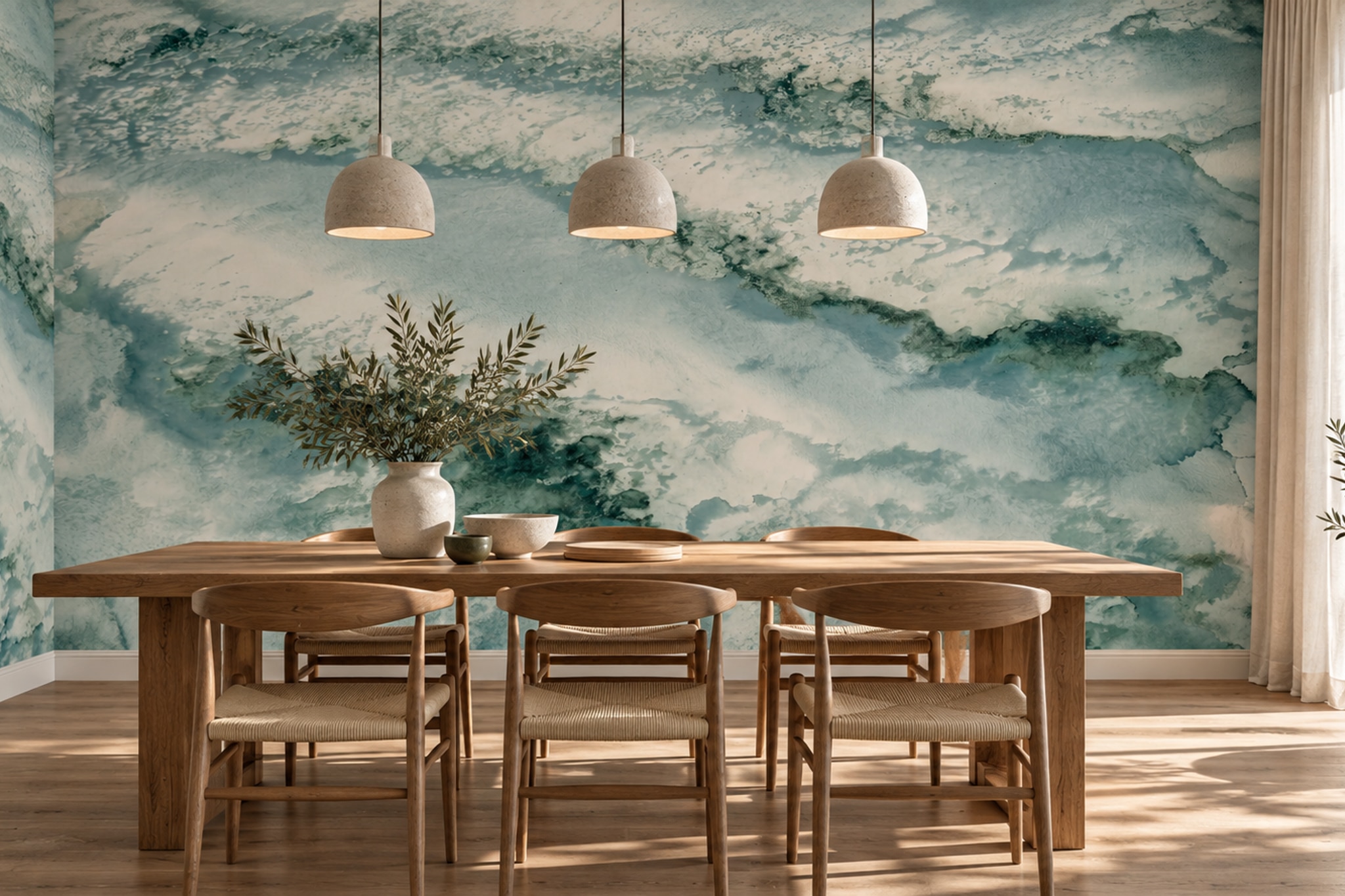 Teal Waves Artful Painterly Wallpaper Mural Dining-room-wallpaper-murals, Shown In A Dining Room, Peel-and-stick Finish
