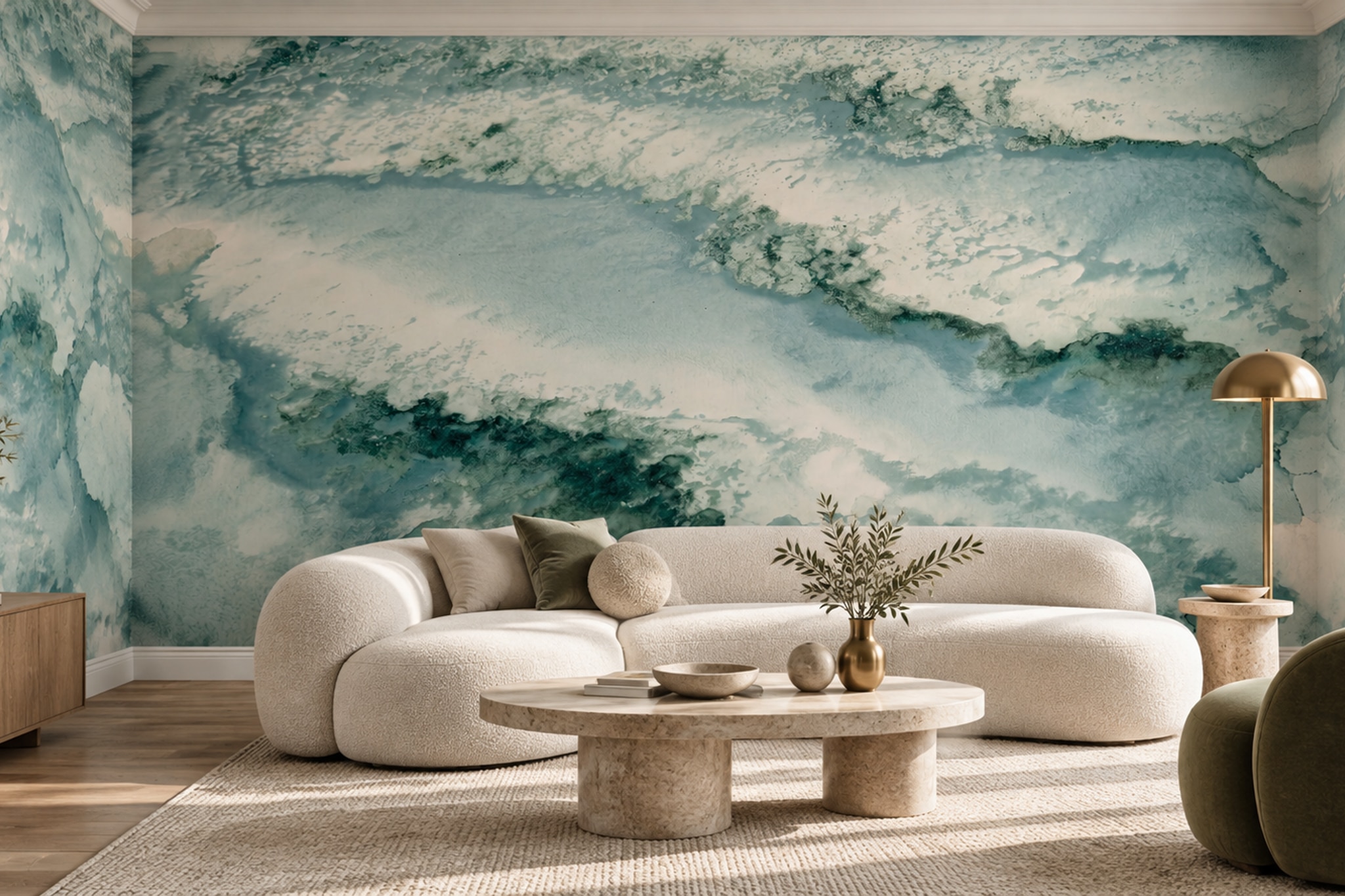 Teal Waves Artful Painterly Wallpaper Mural, Peel-and-stick Finish