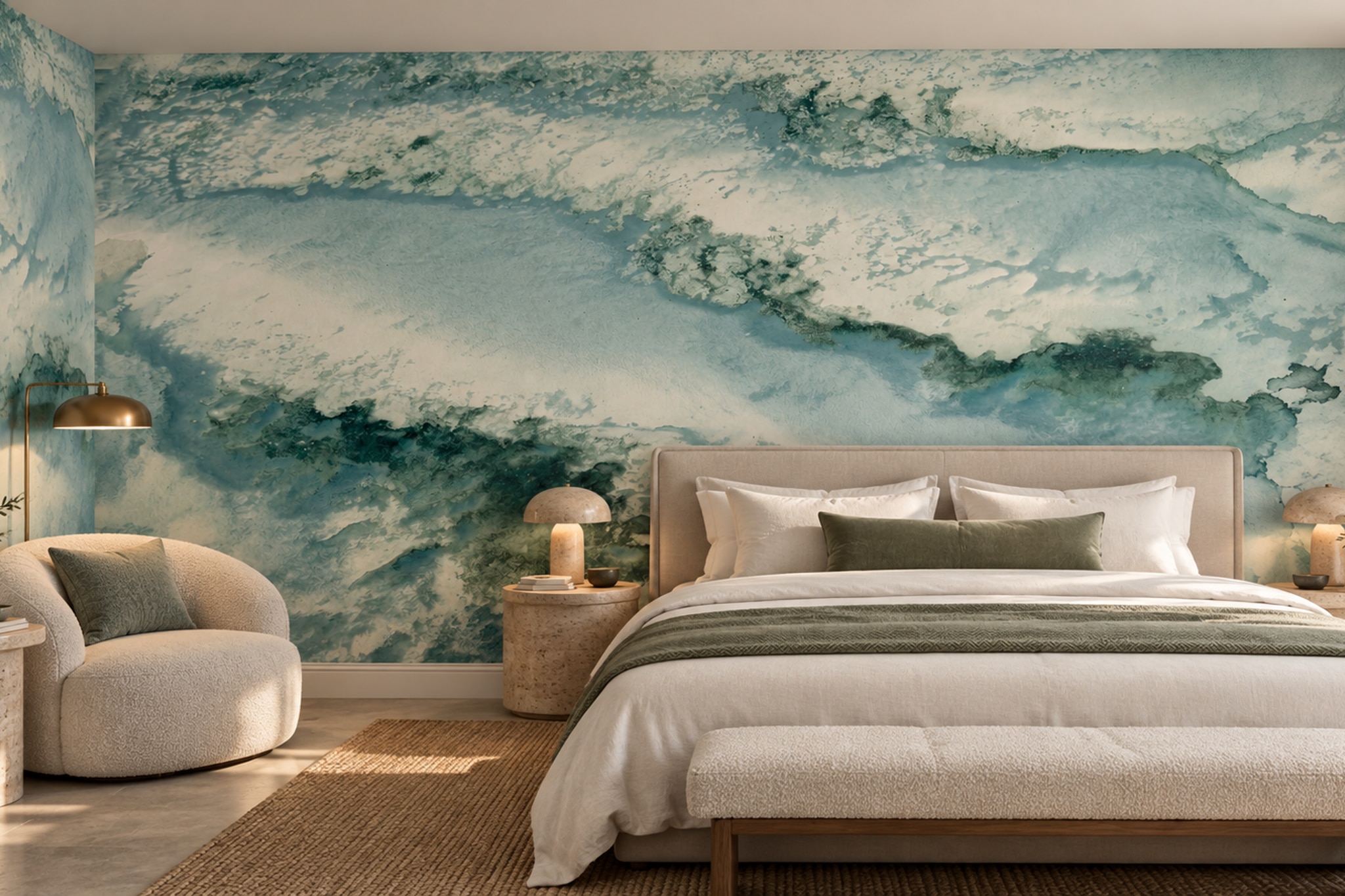 Teal Waves Artful Painterly Wallpaper Mural Bedroom-wallpaper-murals, Peel-and-stick Finish