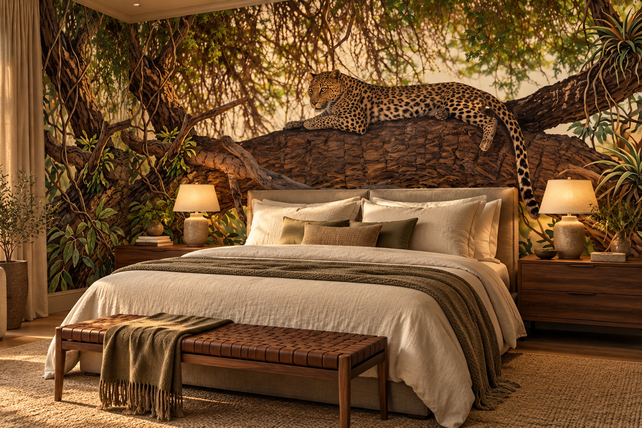 Leopard Resting On A Forest Branch Wallpaper Mural — Installed Wallpaper Mural In A Bedroom, Peel-and-stick Finish