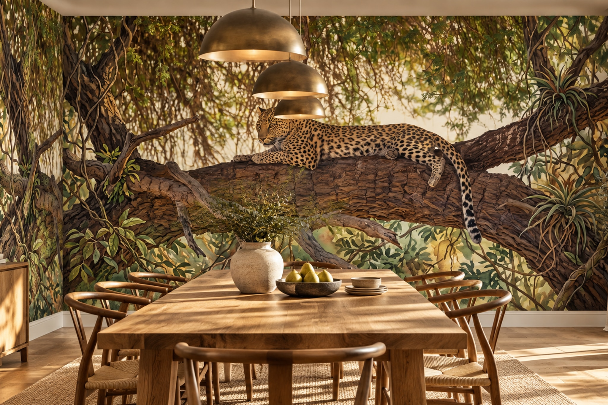 Green Pattern Decorative Wallpaper Mural Layered Layered Detail Dining-room-wallpaper-murals, Shown In A Dining Room, Peel-and-stick Finish