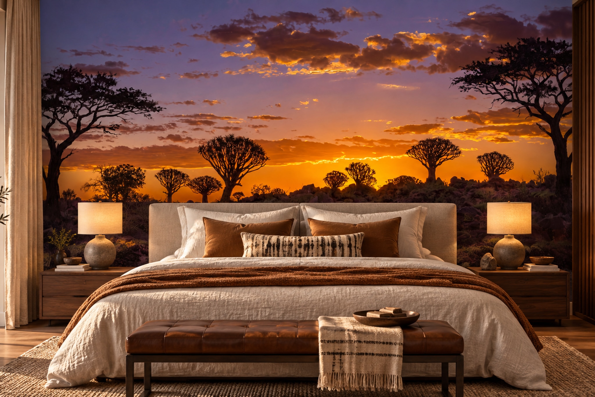 Orange Sunset Acacia Savanna Wallpaper Mural — Installed Wallpaper Mural In A Bedroom, Peel-and-stick Finish