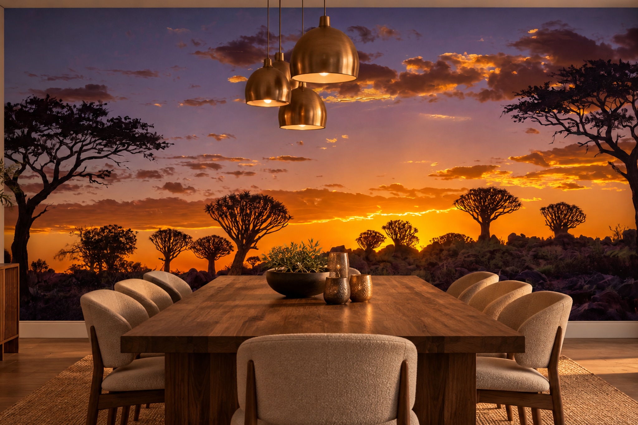 Orange Pattern Decorative Organic Wallpaper Mural Dining-room-wallpaper-murals, Shown In A Dining Room, Peel-and-stick Finish