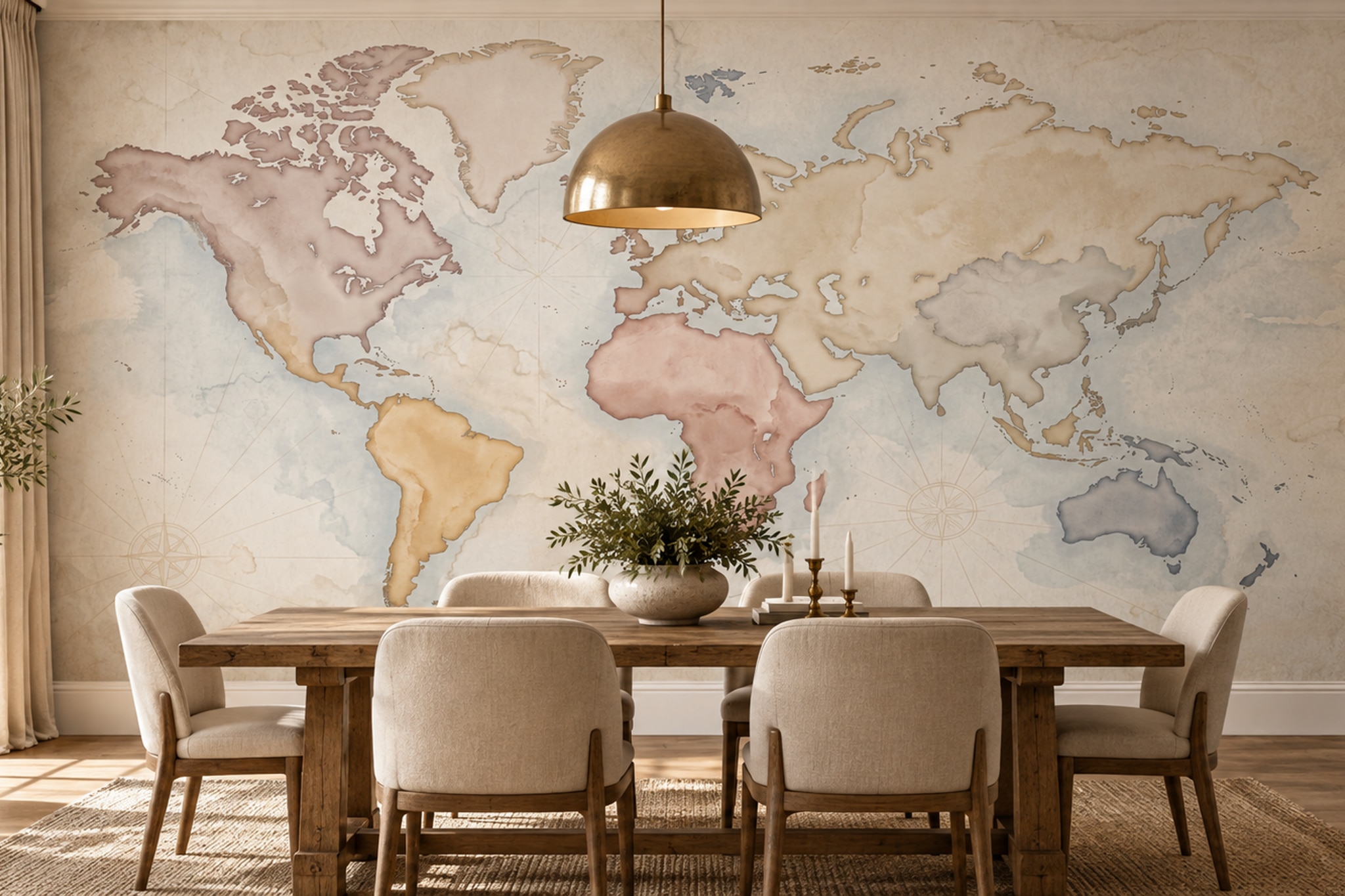 Beige Map Artful Abstract Wallpaper Mural Dining-room-wallpaper-murals, Shown In A Dining Room, Peel-and-stick Finish