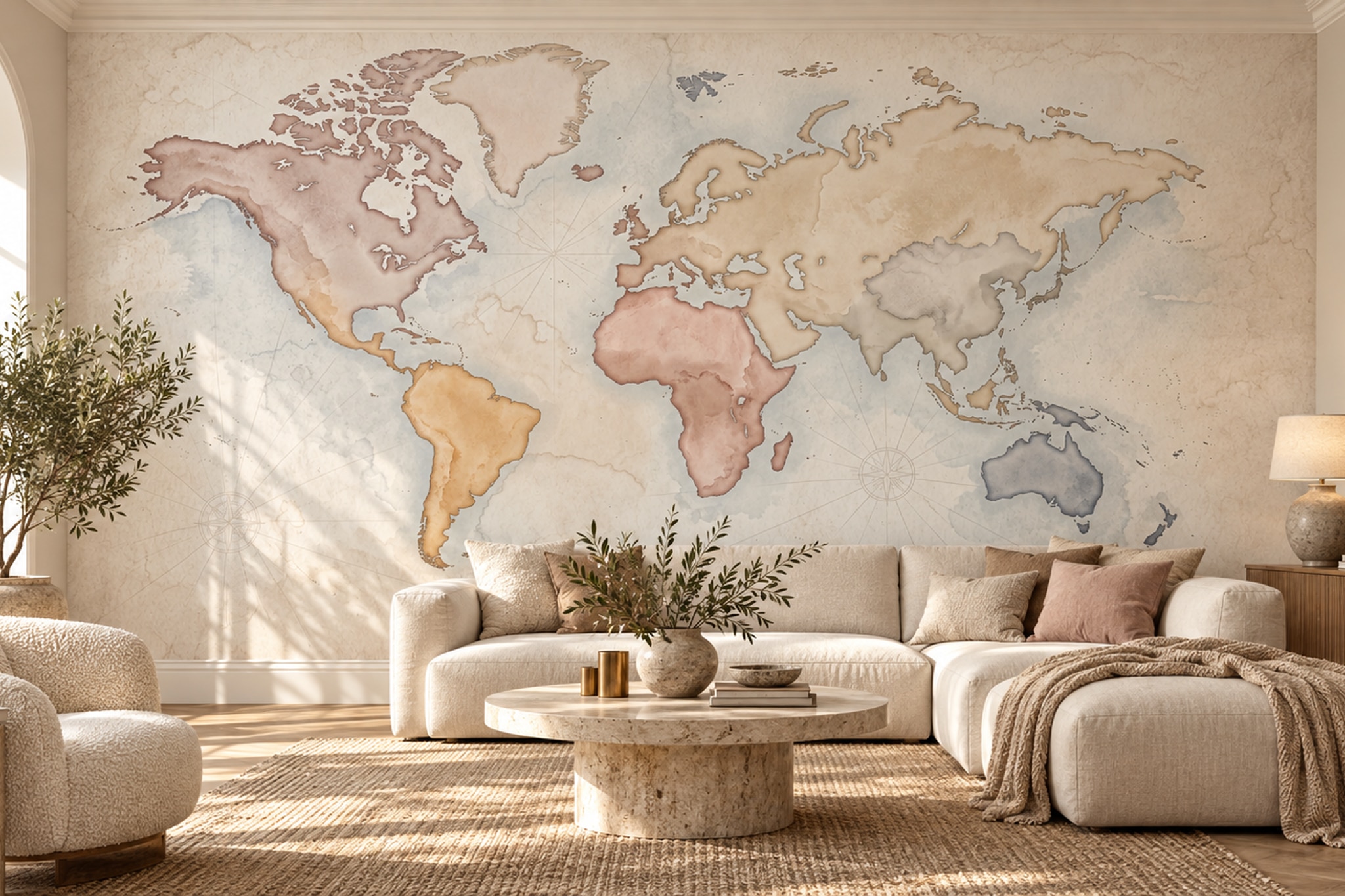 Beige Map Artful Abstract Wallpaper Mural Living-room-wallpaper-murals, Peel-and-stick Finish