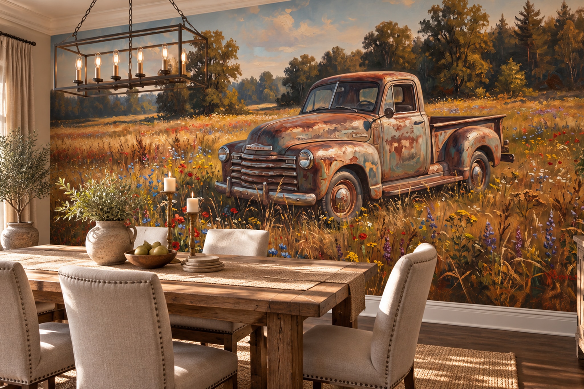 Rust Pattern Decorative Organic Wallpaper Mural Dining-room-wallpaper-murals, Shown In A Dining Room, Peel-and-stick Finish