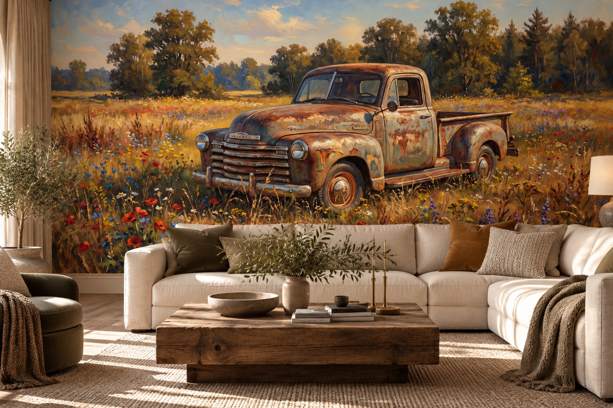 Vintage Rust Pickup In A Wildflower Meadow Wallpaper Mural — Wallpaper Mural Design, Peel-and-stick Finish